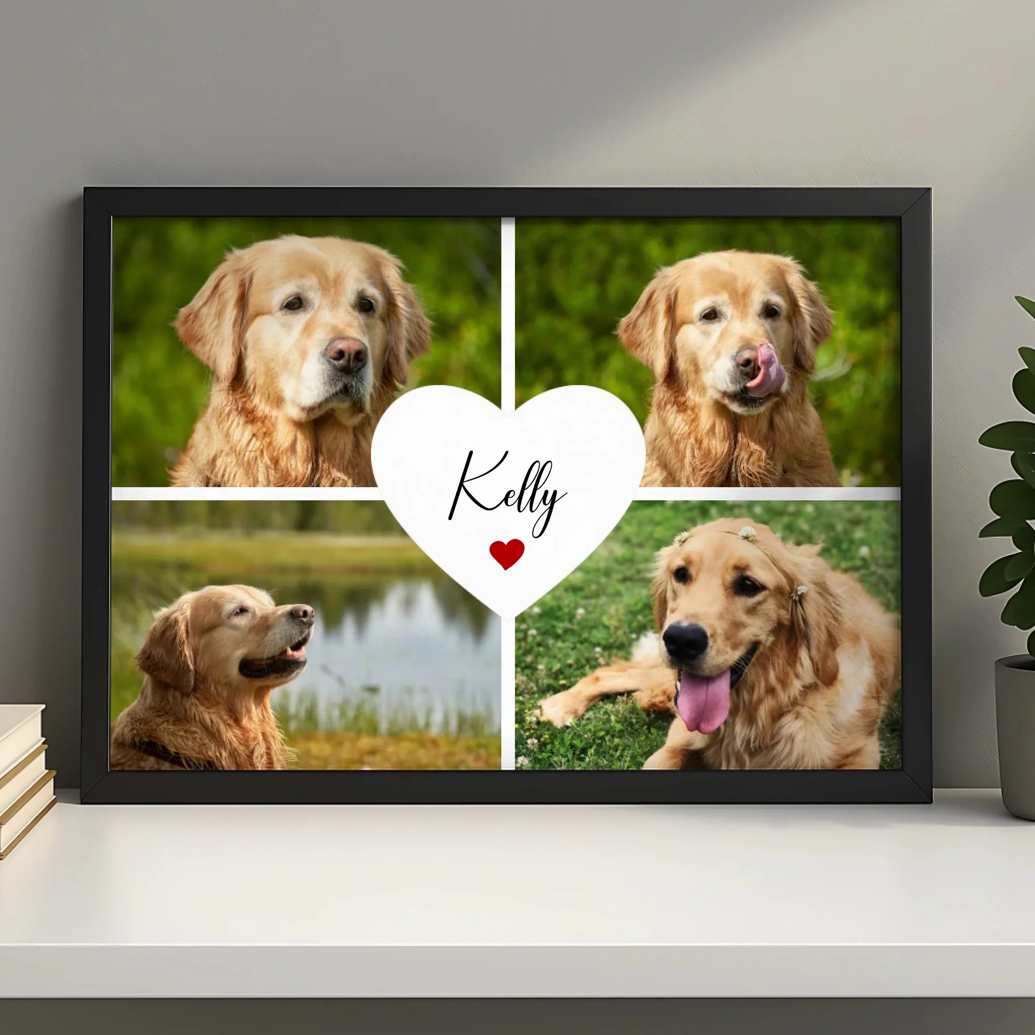 Custom pet memorial photo frame featuring a heart design and dog photos