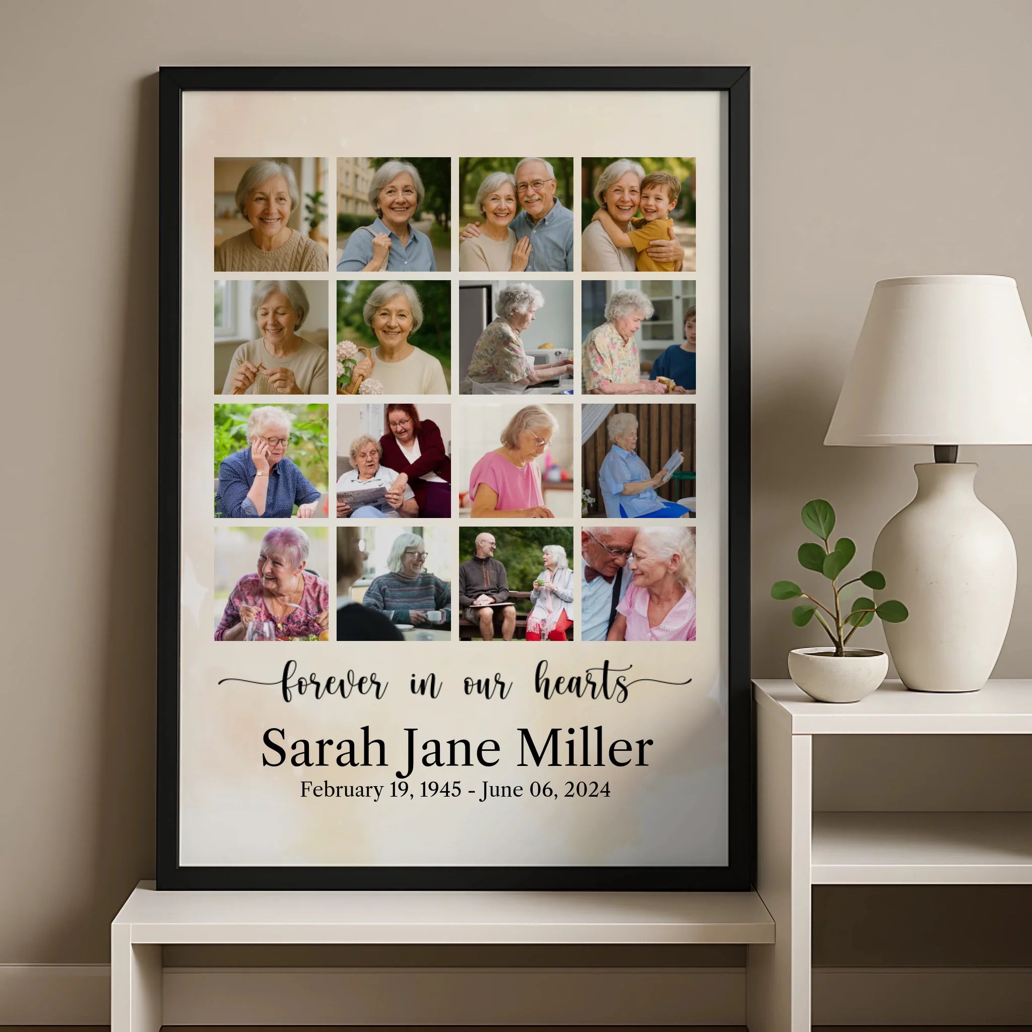 Personalised in loving memory photo print with name and dates on wall