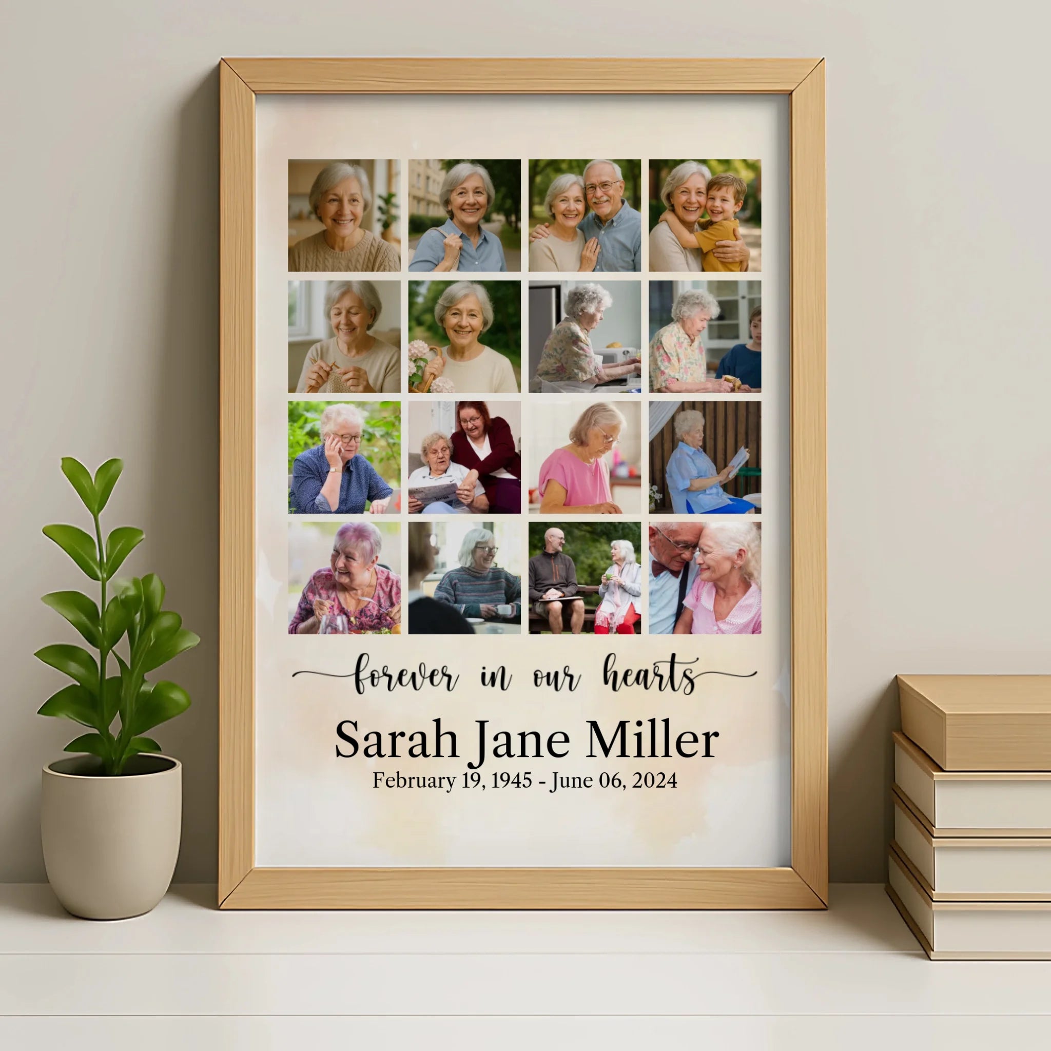Personalised memorial photo collage frame in oak finish