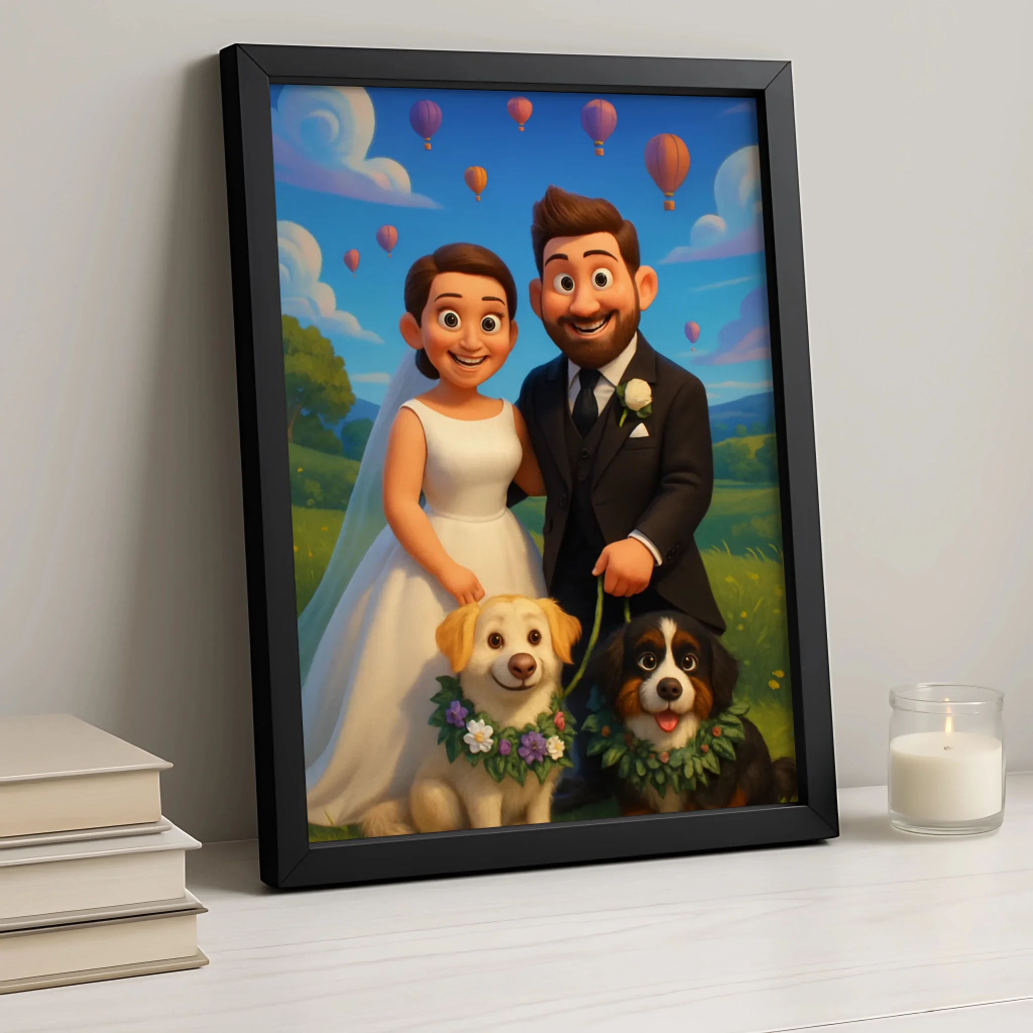 Custom Cartoon Style Portrait Frame | Personalised Cartoon Couple & Pet Illustration | Unique Anniversary or Gift Wall Art