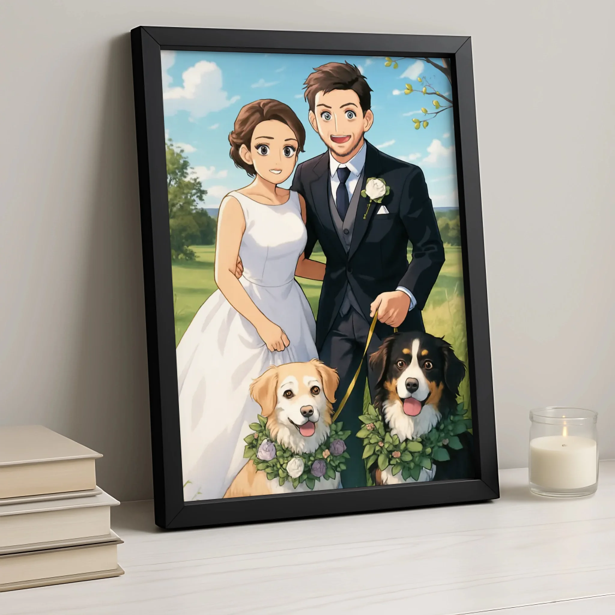 Custom Anime Manga Style Portrait Frame | Personalised Cartoon Couple & Pet Illustration | Gift Wall Art