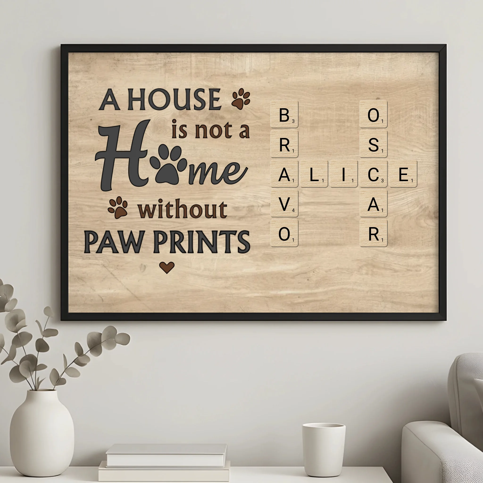 Personalised pet crossword frame showing eight names in a tile grid arrangement