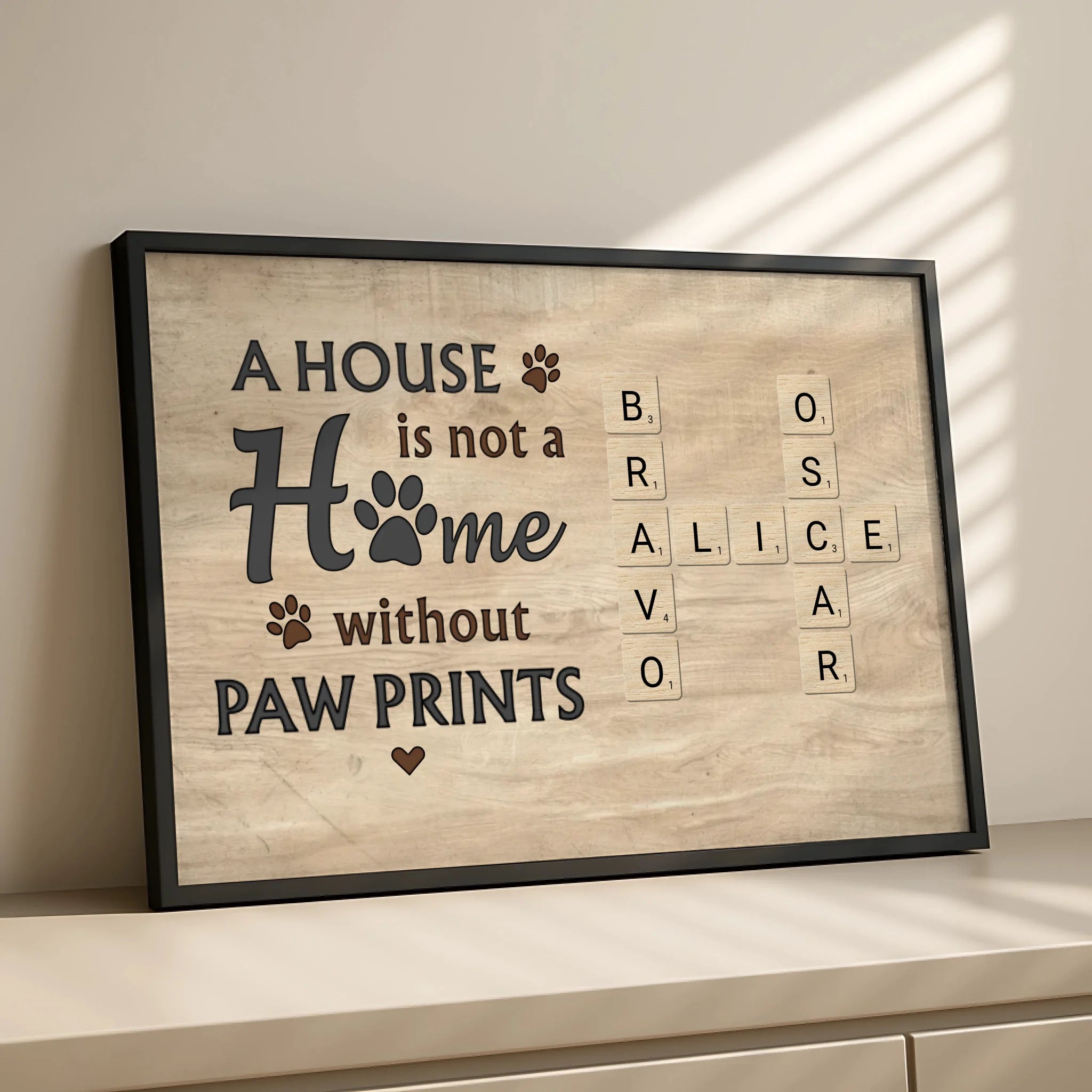 Personalised crossword tile frame featuring six pet names as a wall art gift
