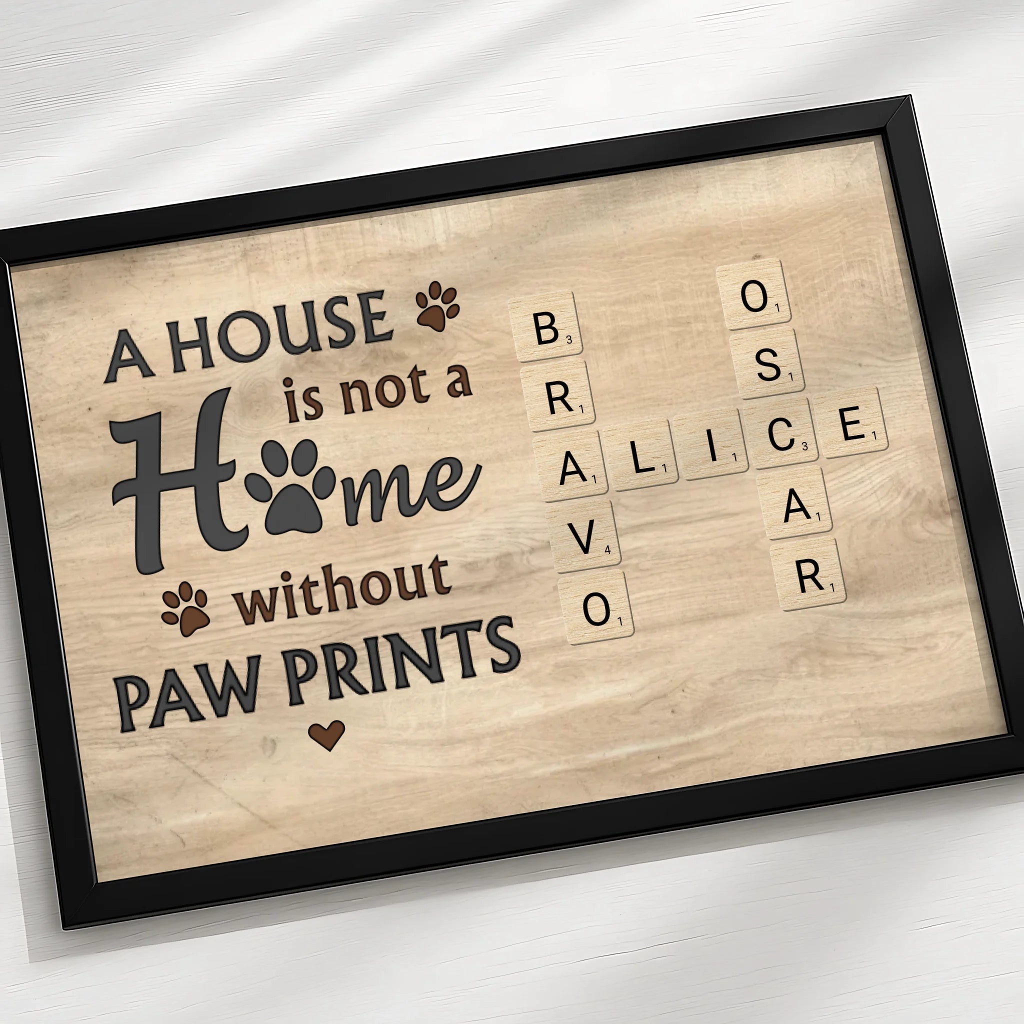 Custom crossword name tile frame with seven pet names for a pet lover gift