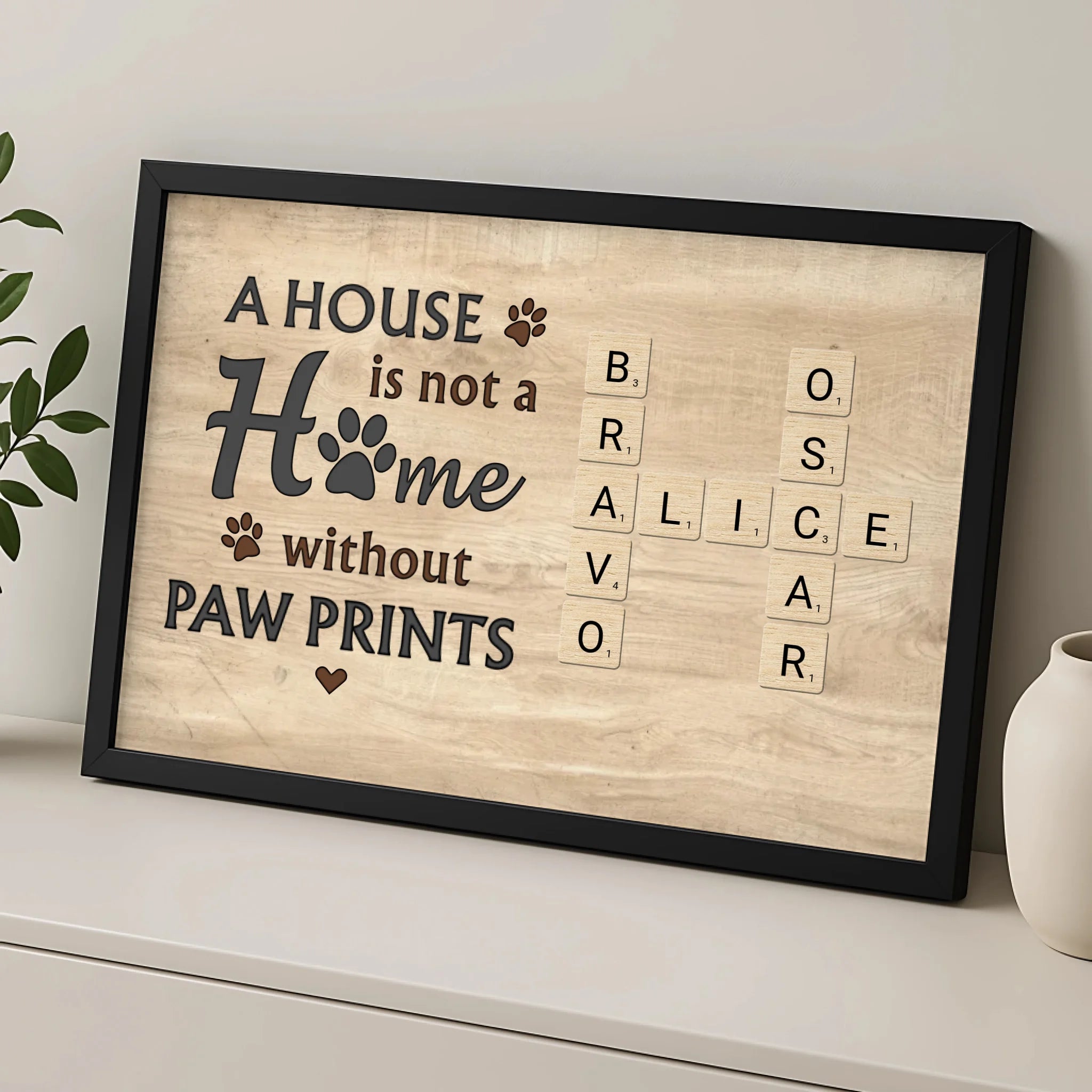 Custom pet crossword name frame with four names in a tile style layout