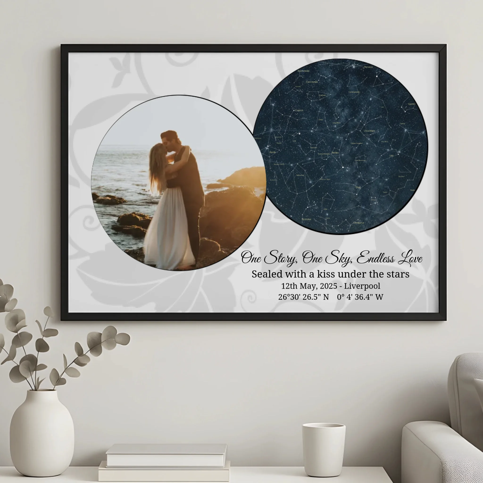 Personalised wedding photo frame featuring a custom night sky map