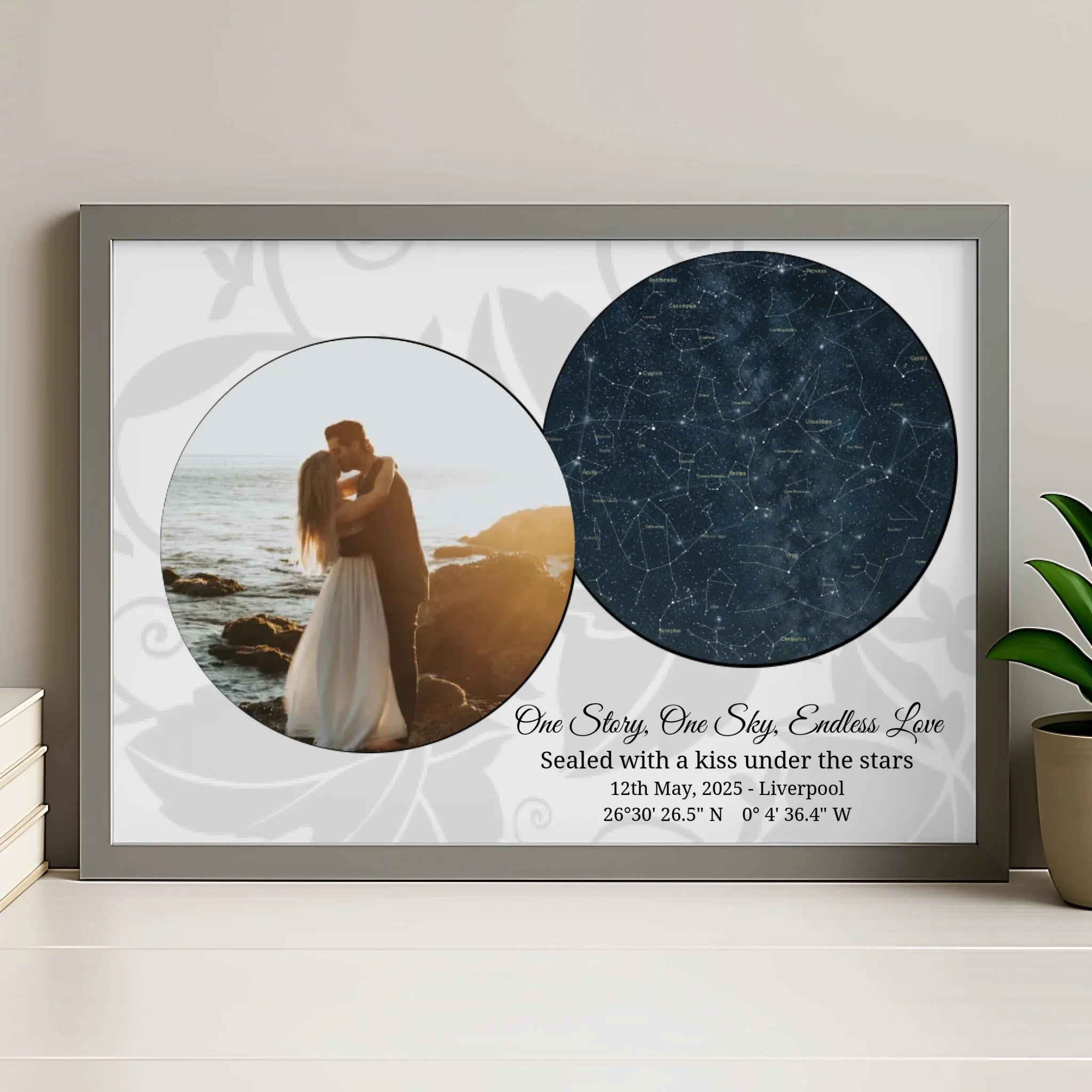 Custom star map print in a grey photo frame
