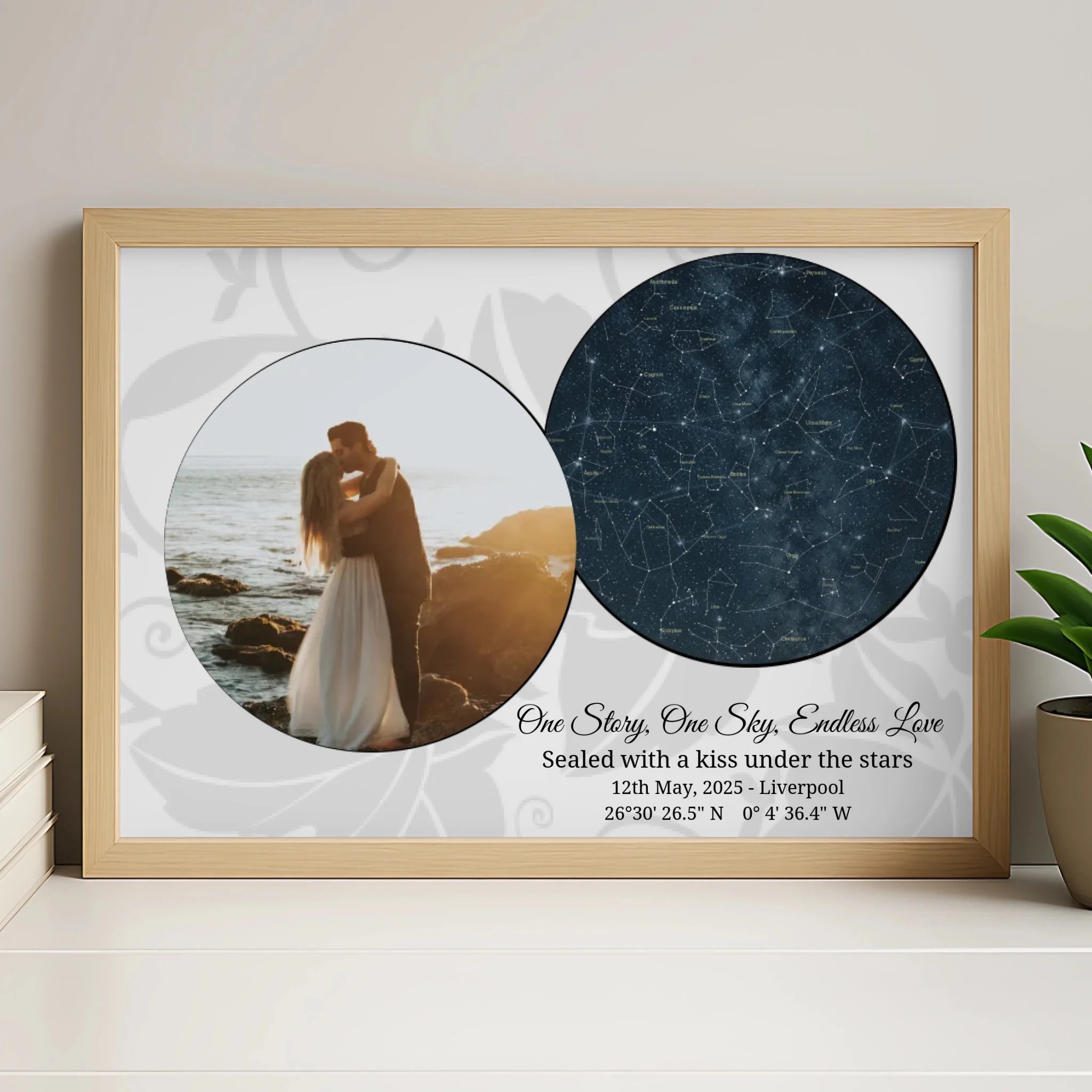 Custom night sky print displayed in a white personalised photo frame