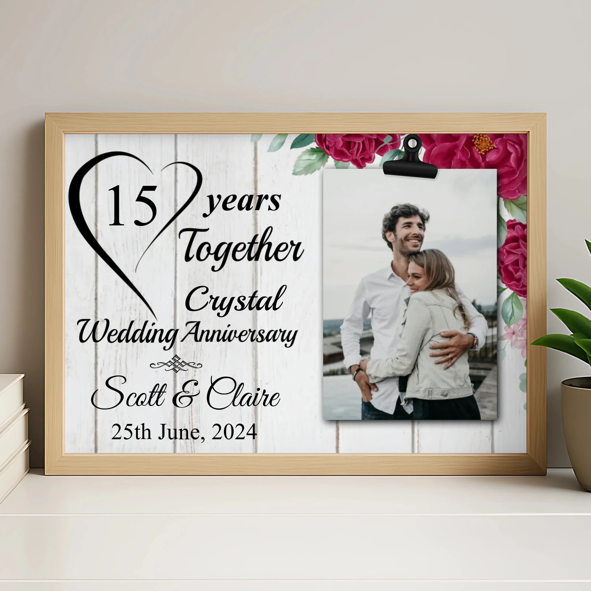 White personalised photo frame with custom couple anniversary wall art print