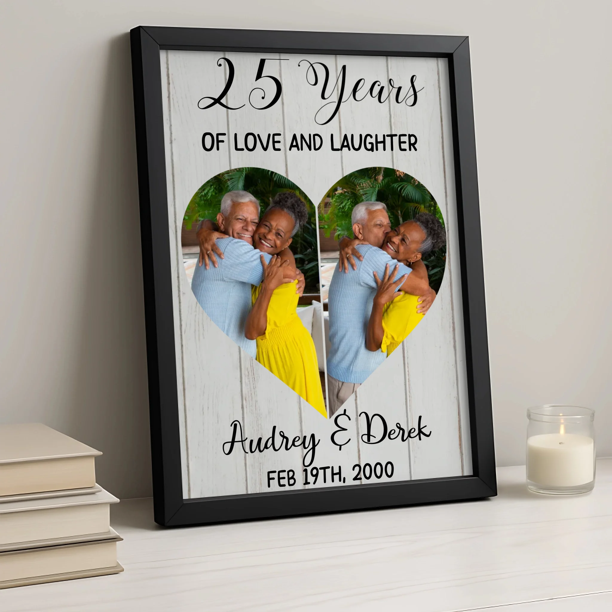 Close-up of personalised crystal anniversary photo frame showing custom text and photo print
