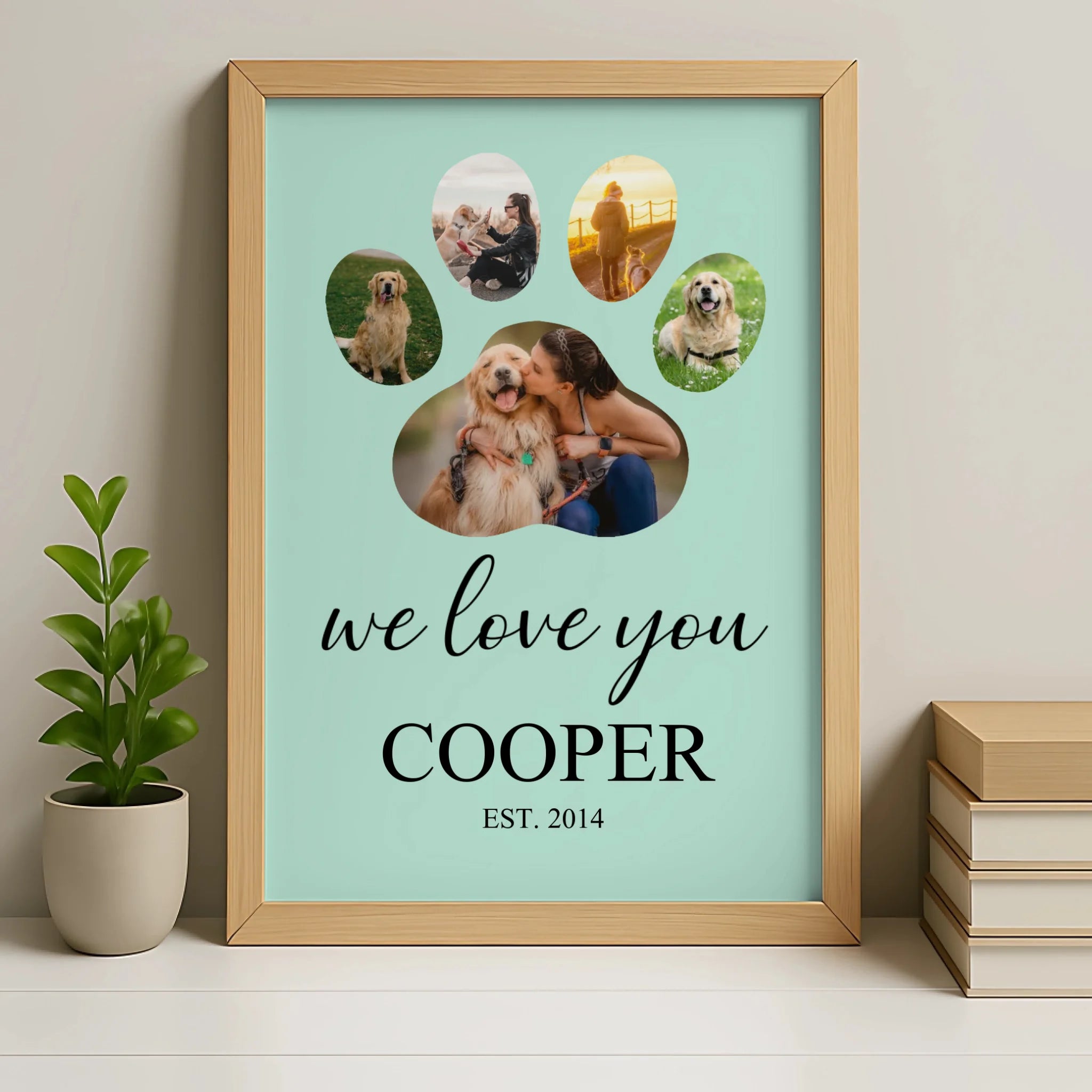 Personalised dog photo collage frame in oak finish with custom name and year