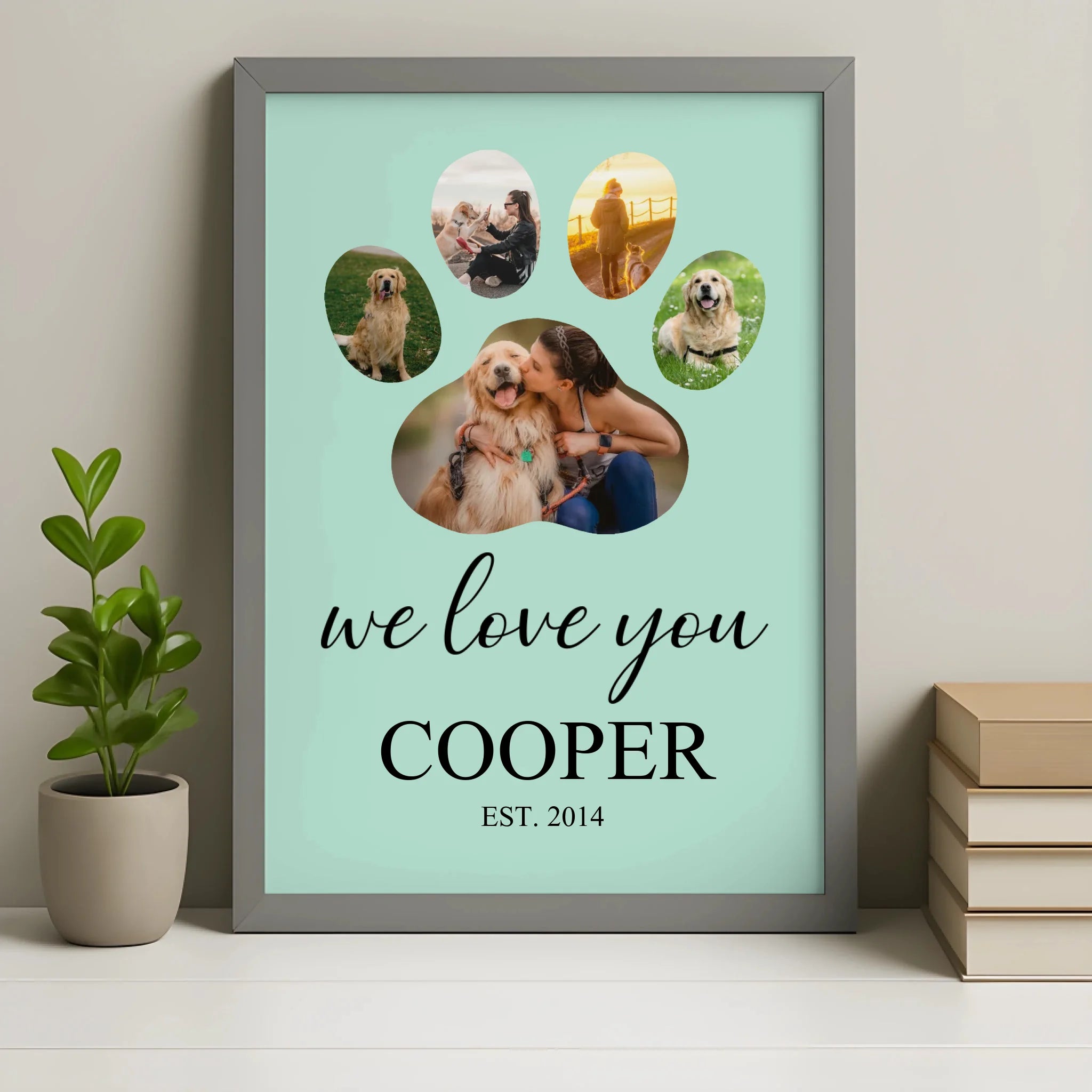 Grey personalised dog paw print photo collage frame with name and year