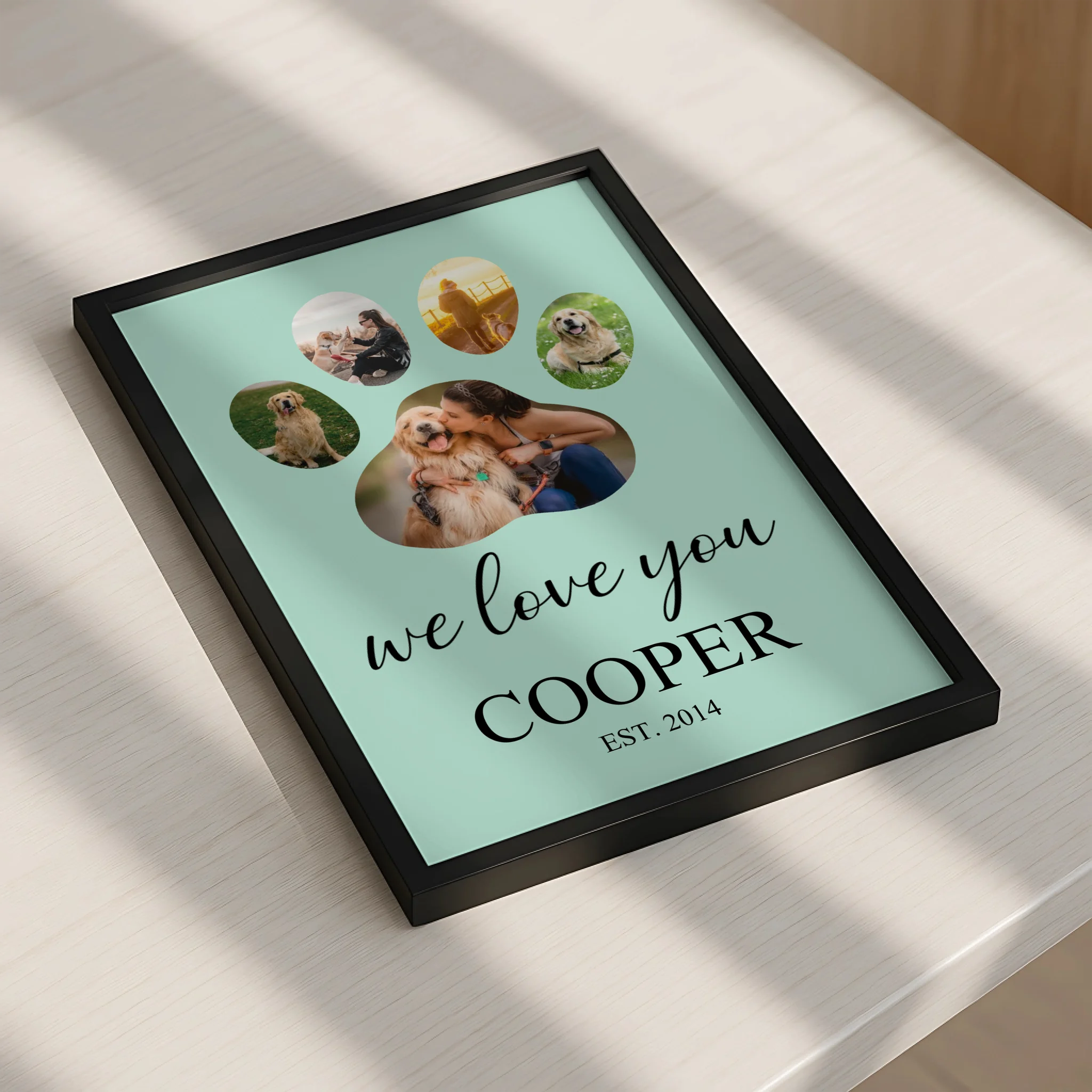 Dog paw print personalised photo frame showing multiple photo slots