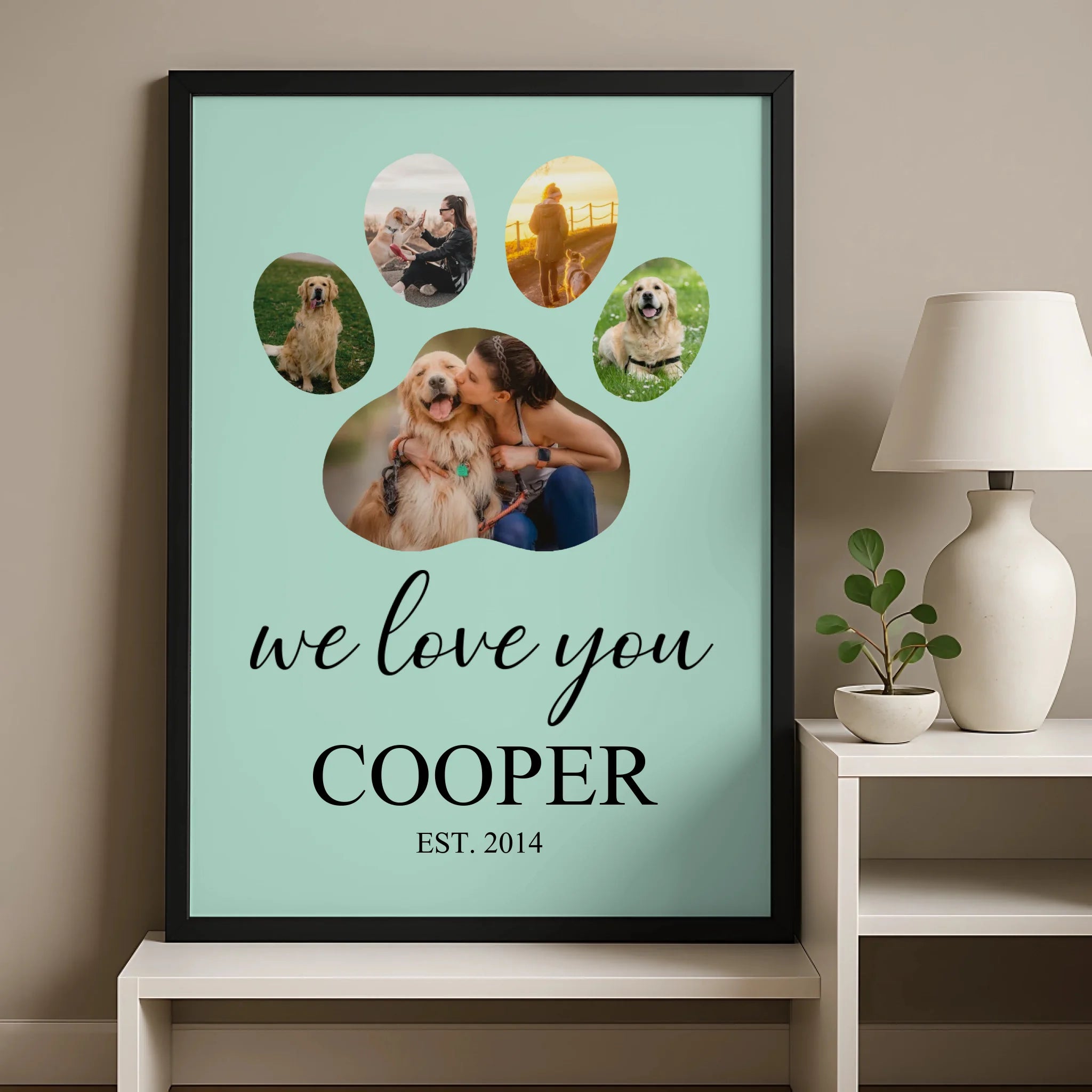 Custom dog photo frame with paw print and We Love You wall art text