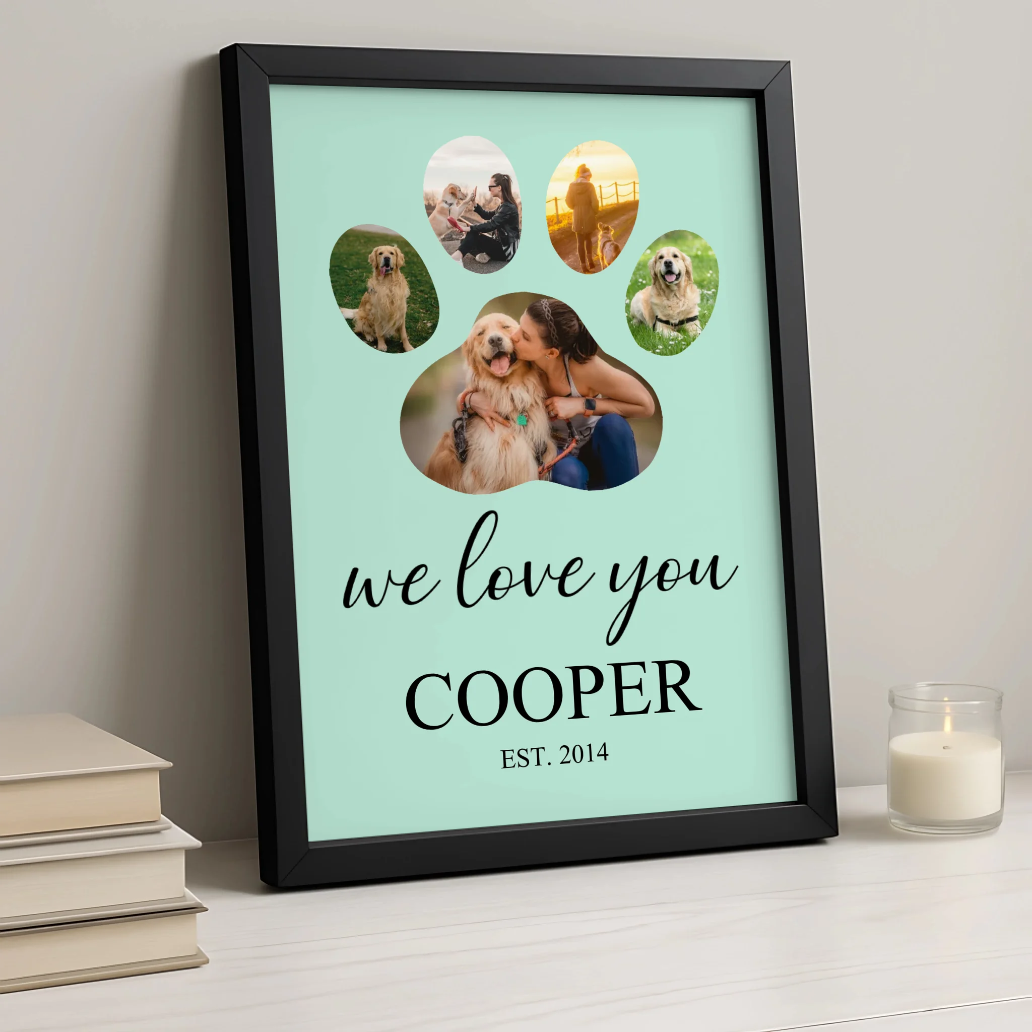 Custom pet photo collage frame with paw print design displayed on a wall