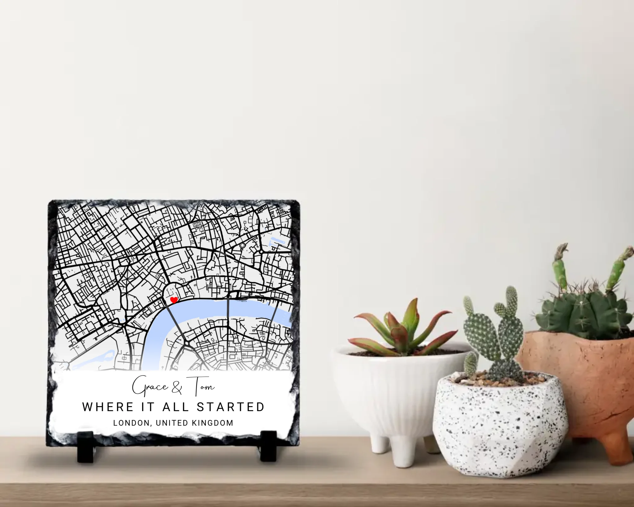Custom map photo slate on natural rock slate with personalised location and text