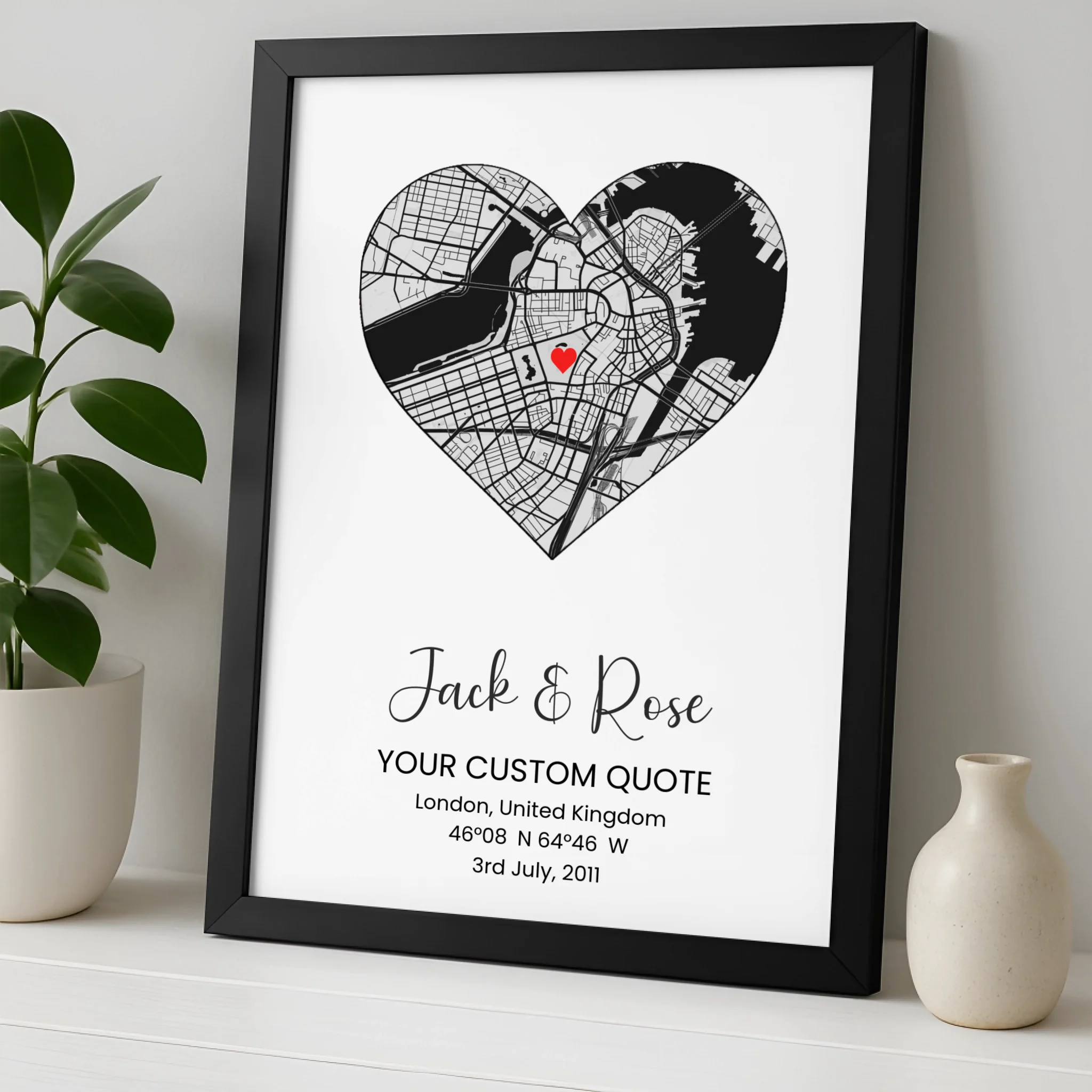 Custom Heart Map Print – Personalised Couple Gift, Engagement, Wedding or Anniversary Wall Art, Coordinates & Quote Option