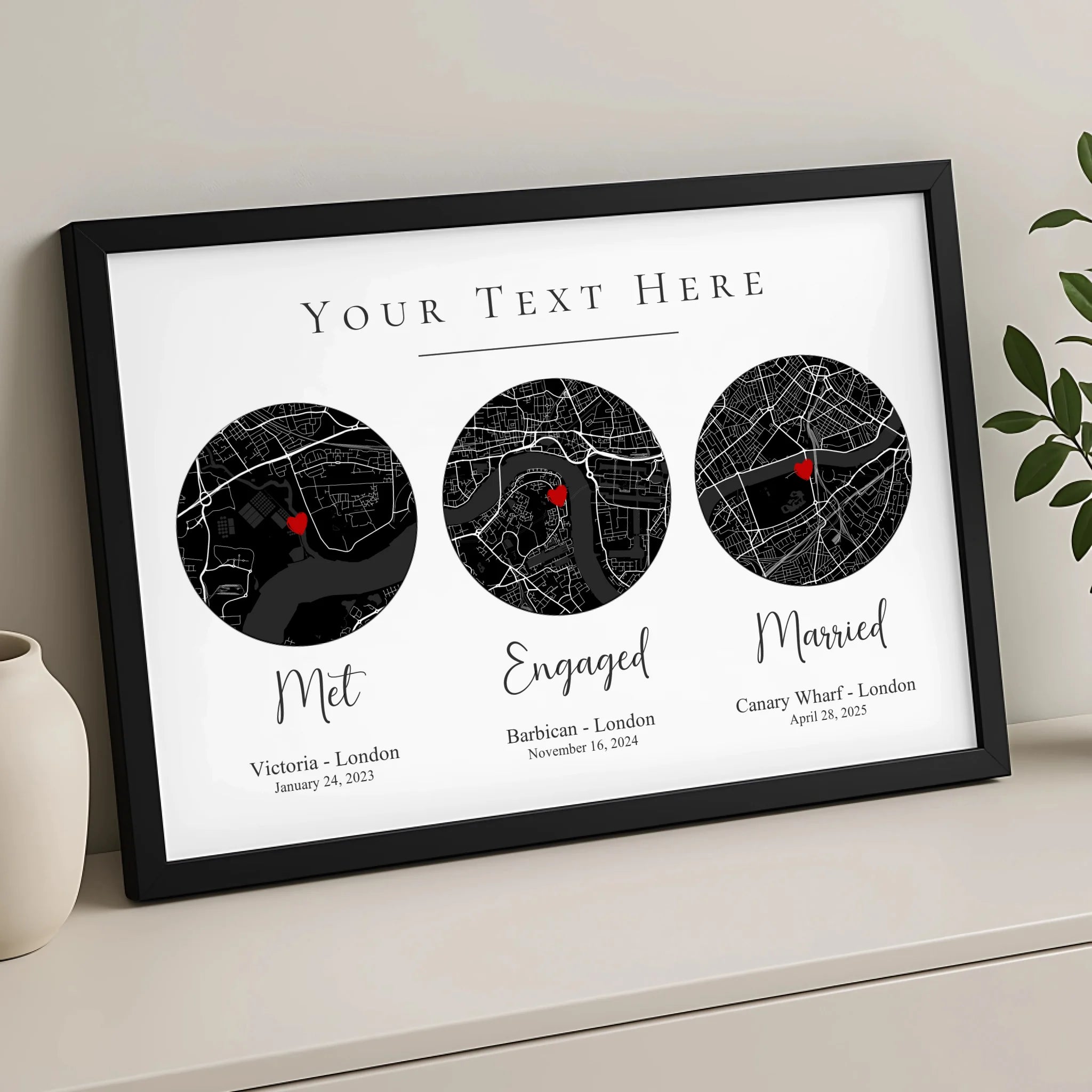 Custom Our Story map print in a black photo frame showing a couple's location and anniversary date