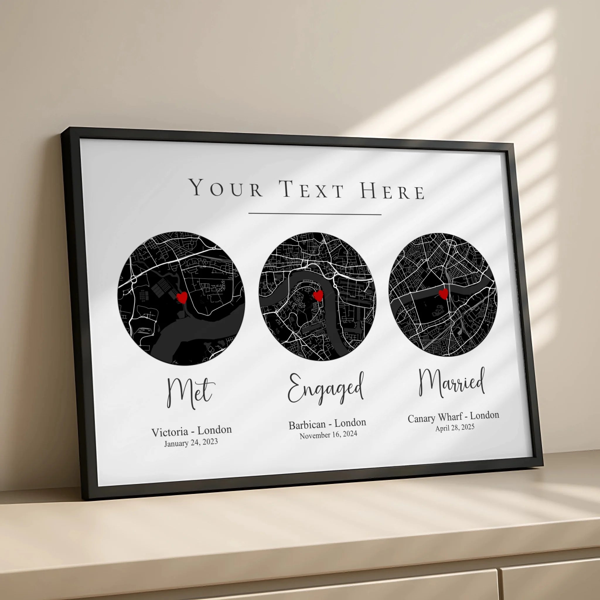 Modern personalised map wall art in a frame with custom names and a special date