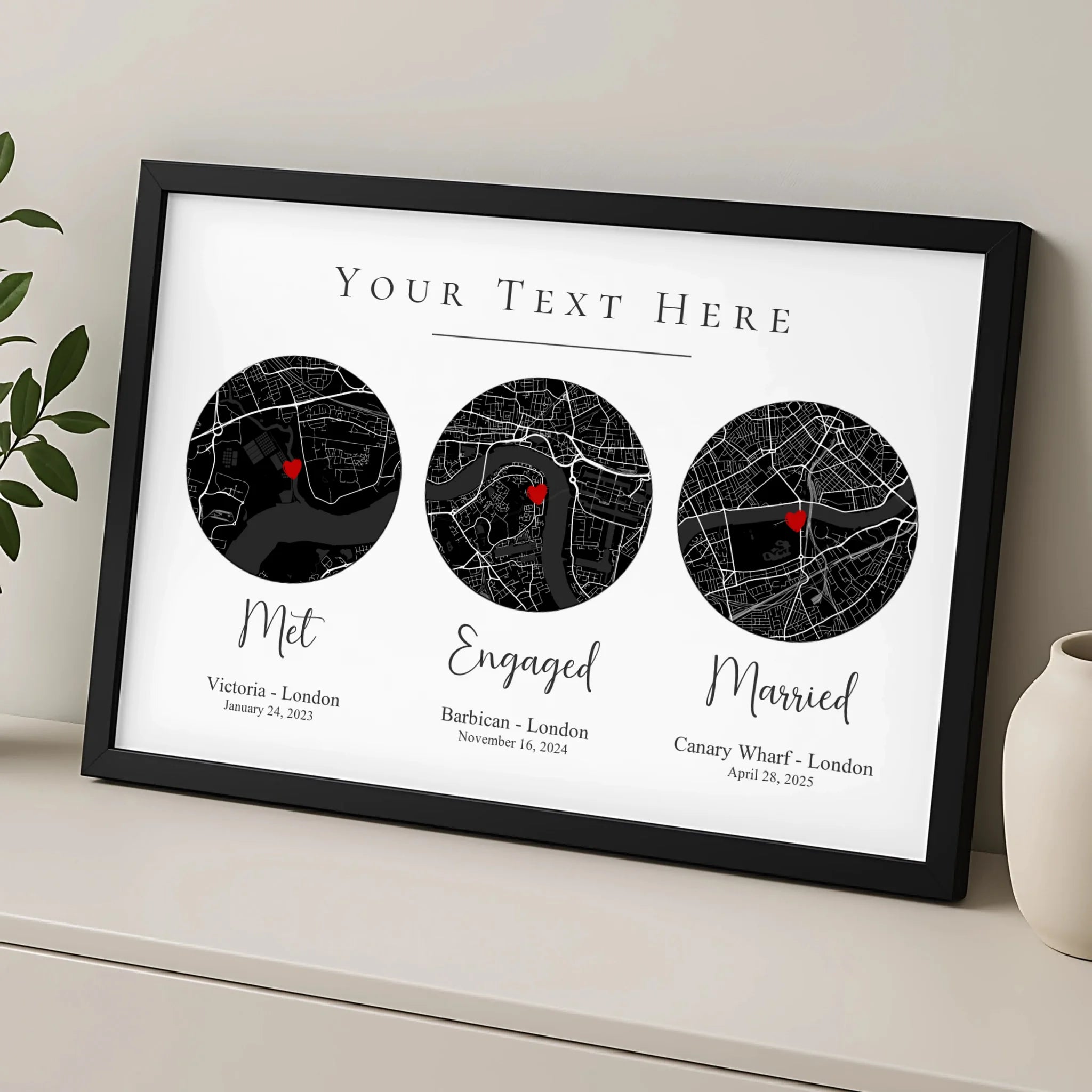 Close-up of a custom framed map print showing personalised text and location detail