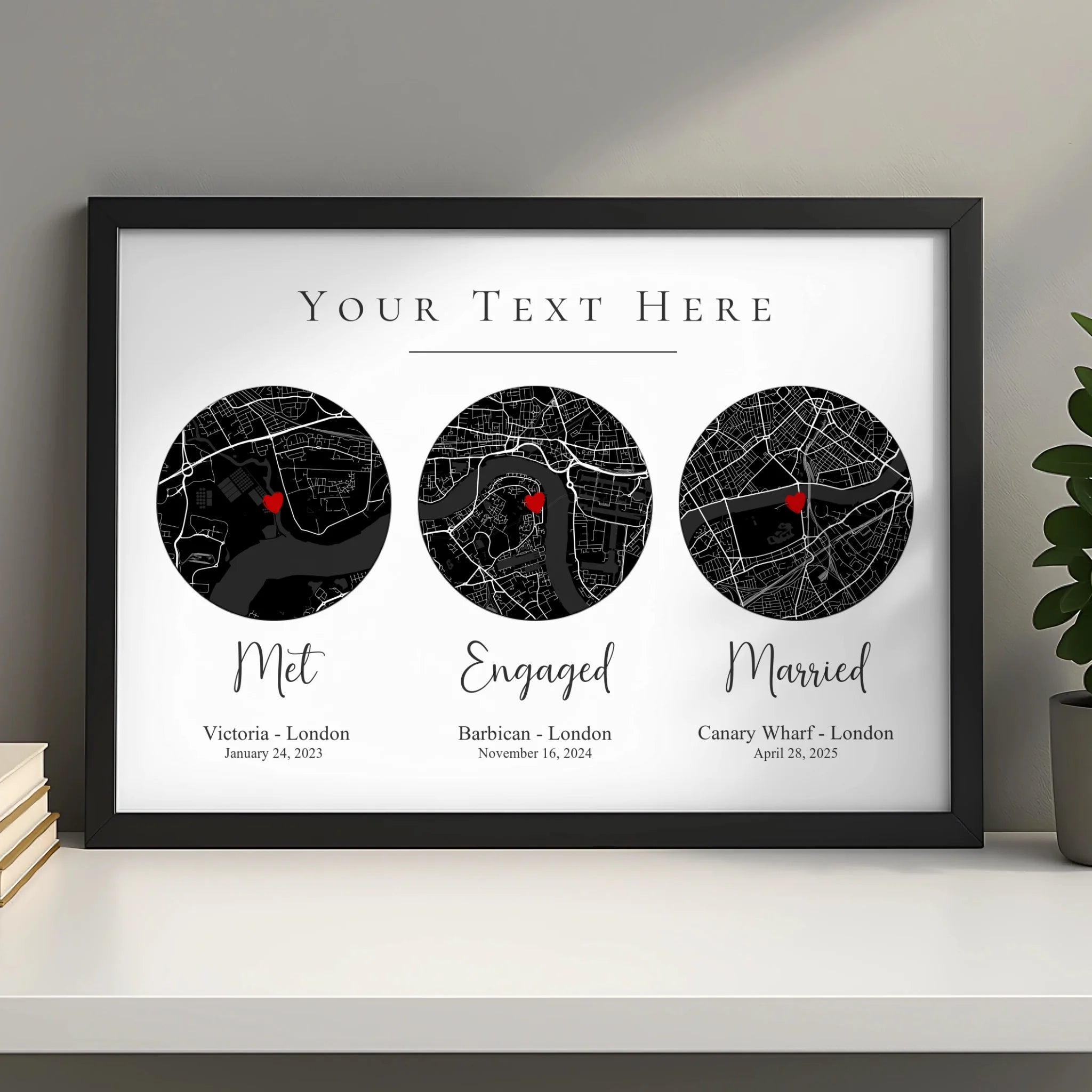 Vintage map photo frame in white personalised with a couple's names and wedding date