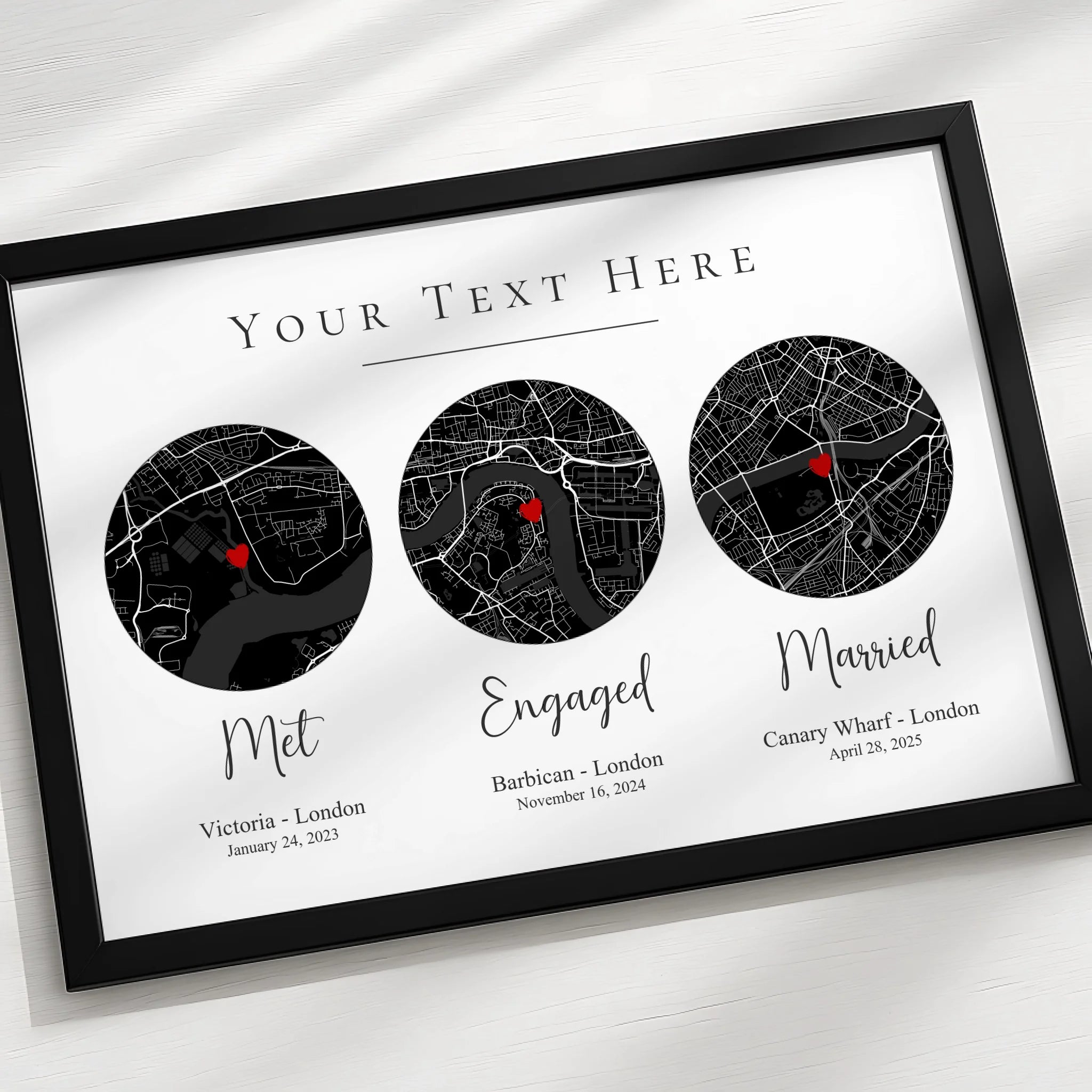 Custom framed map print on a wall, showing an Our Story design suitable as a wedding or anniversary gift