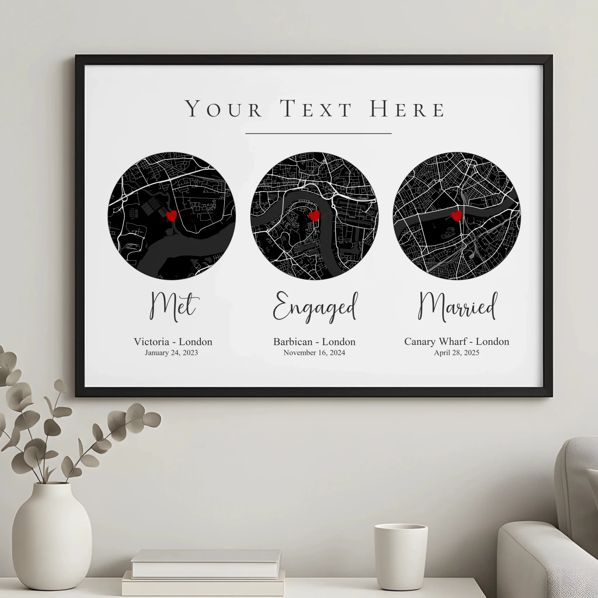 Personalised Our Story map frame with a location pin and custom date printed below