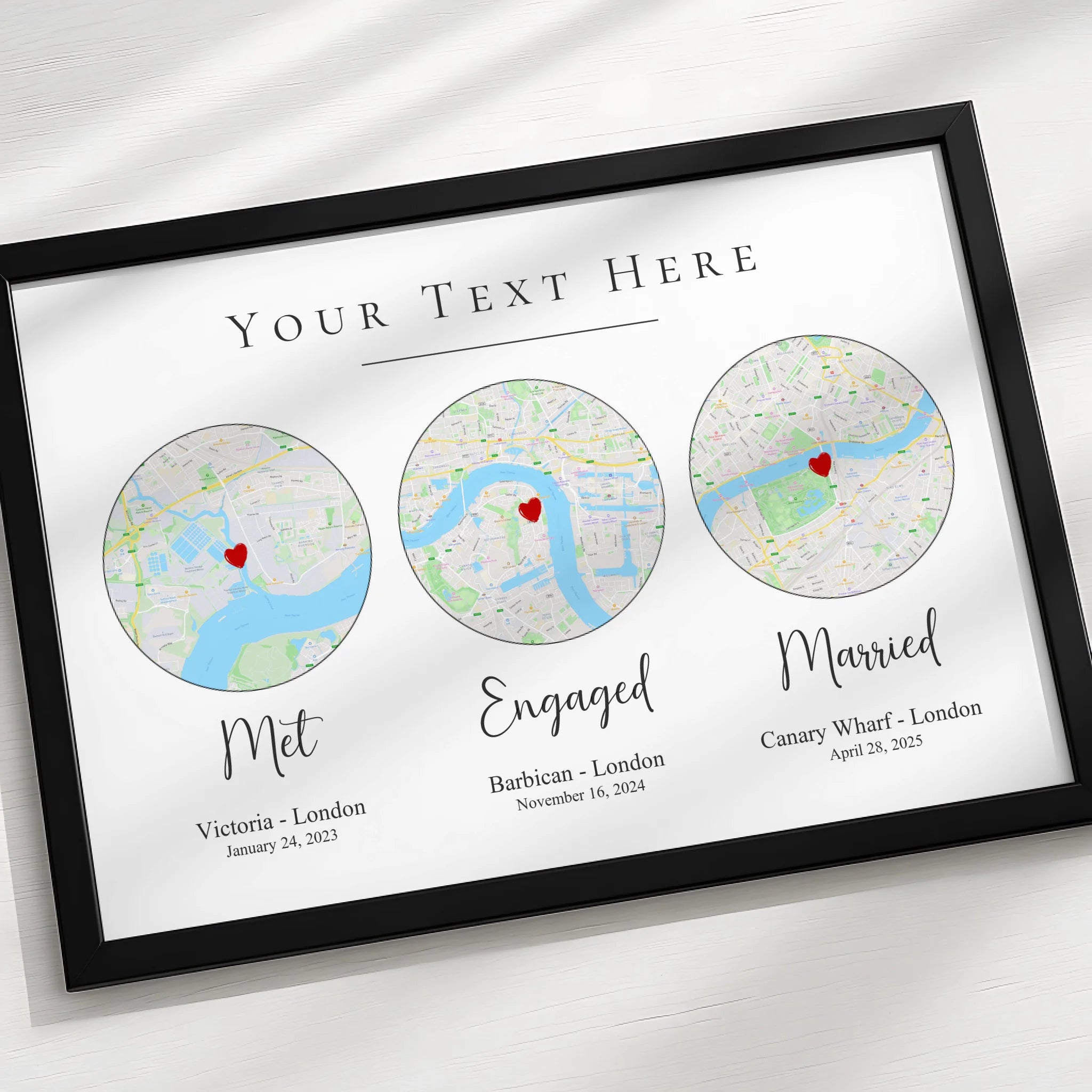 Wall-mounted personalised Our Story map frame with three custom location maps