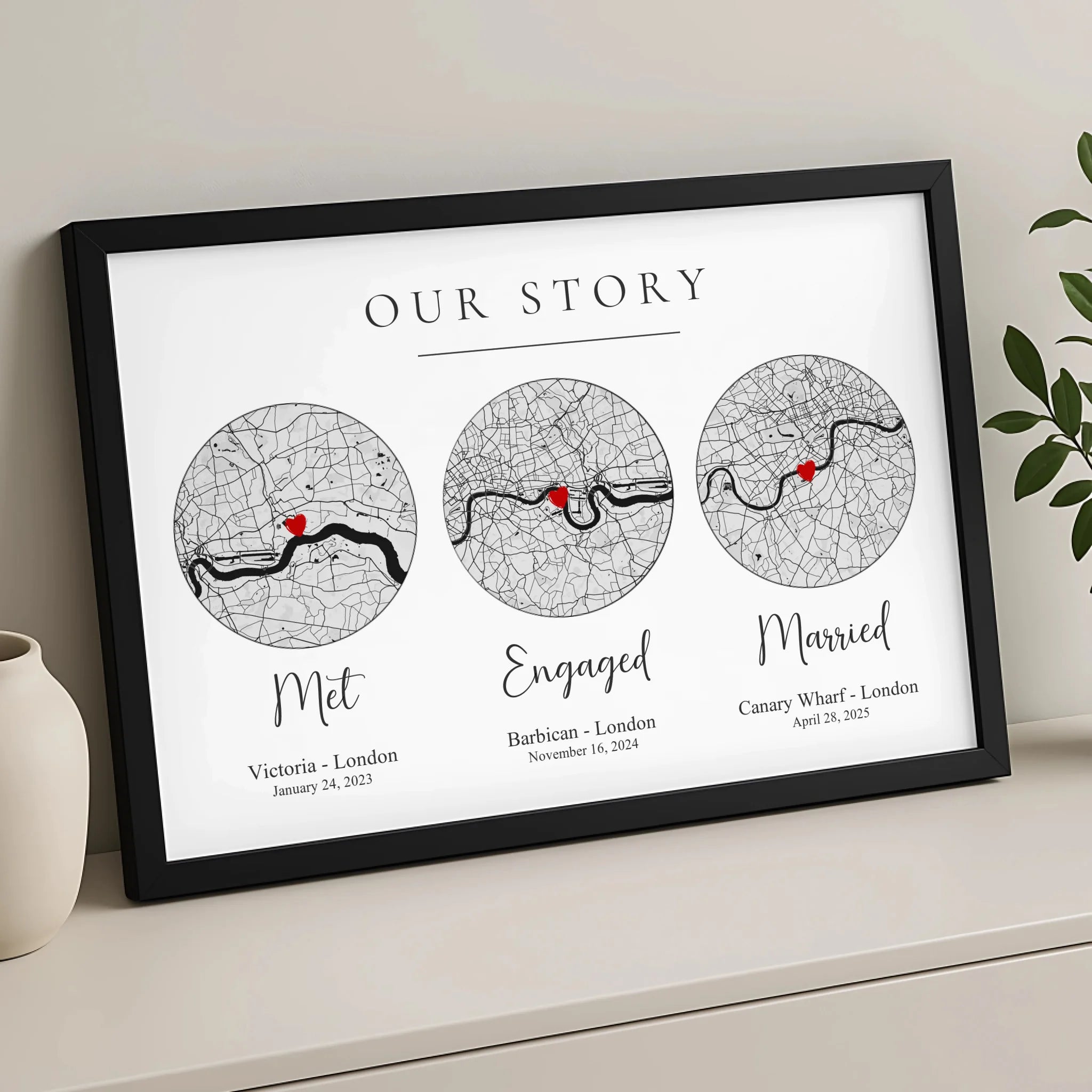 Custom couple timeline map print showing multiple locations and dates