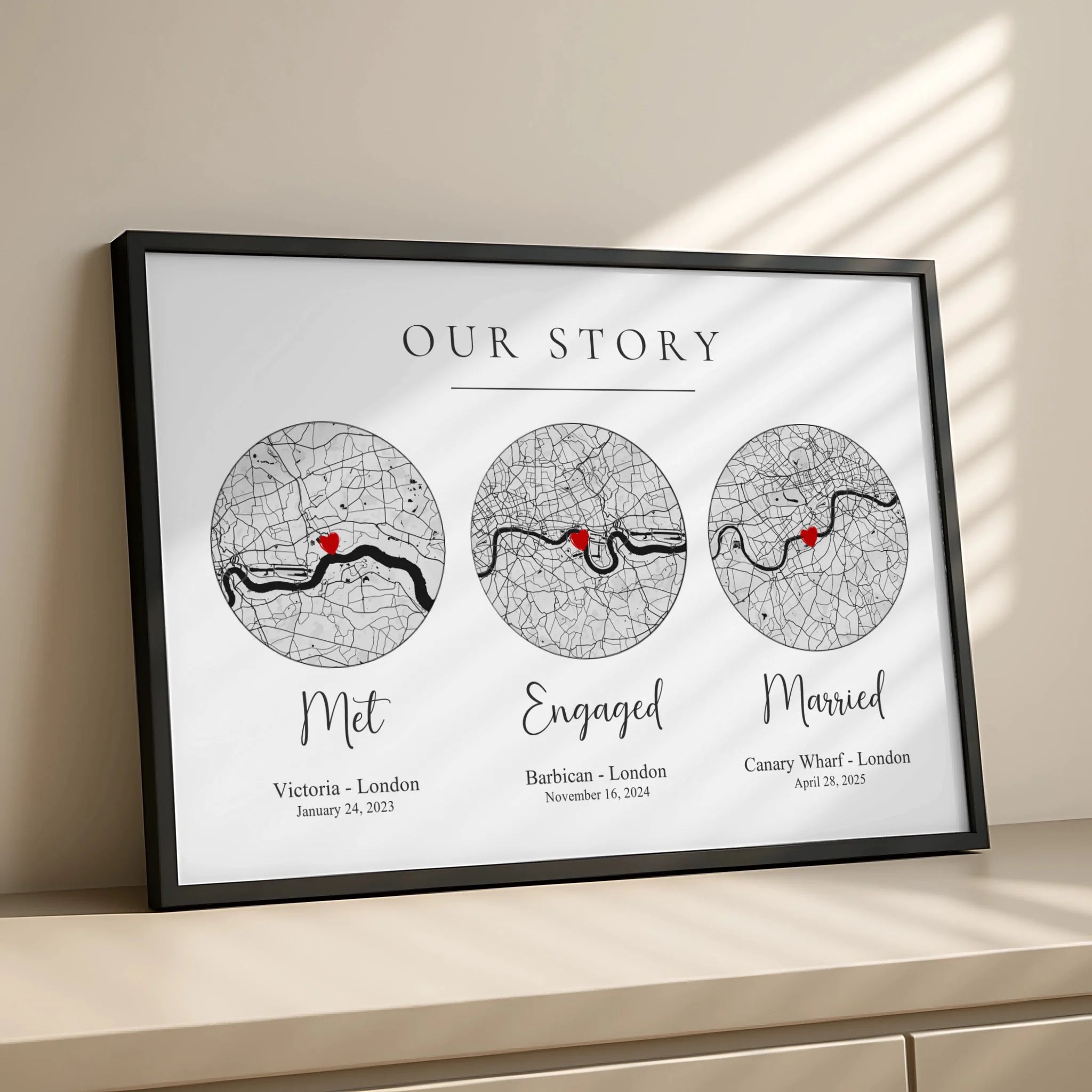 Personalised map print gift for anniversary or wedding with custom text