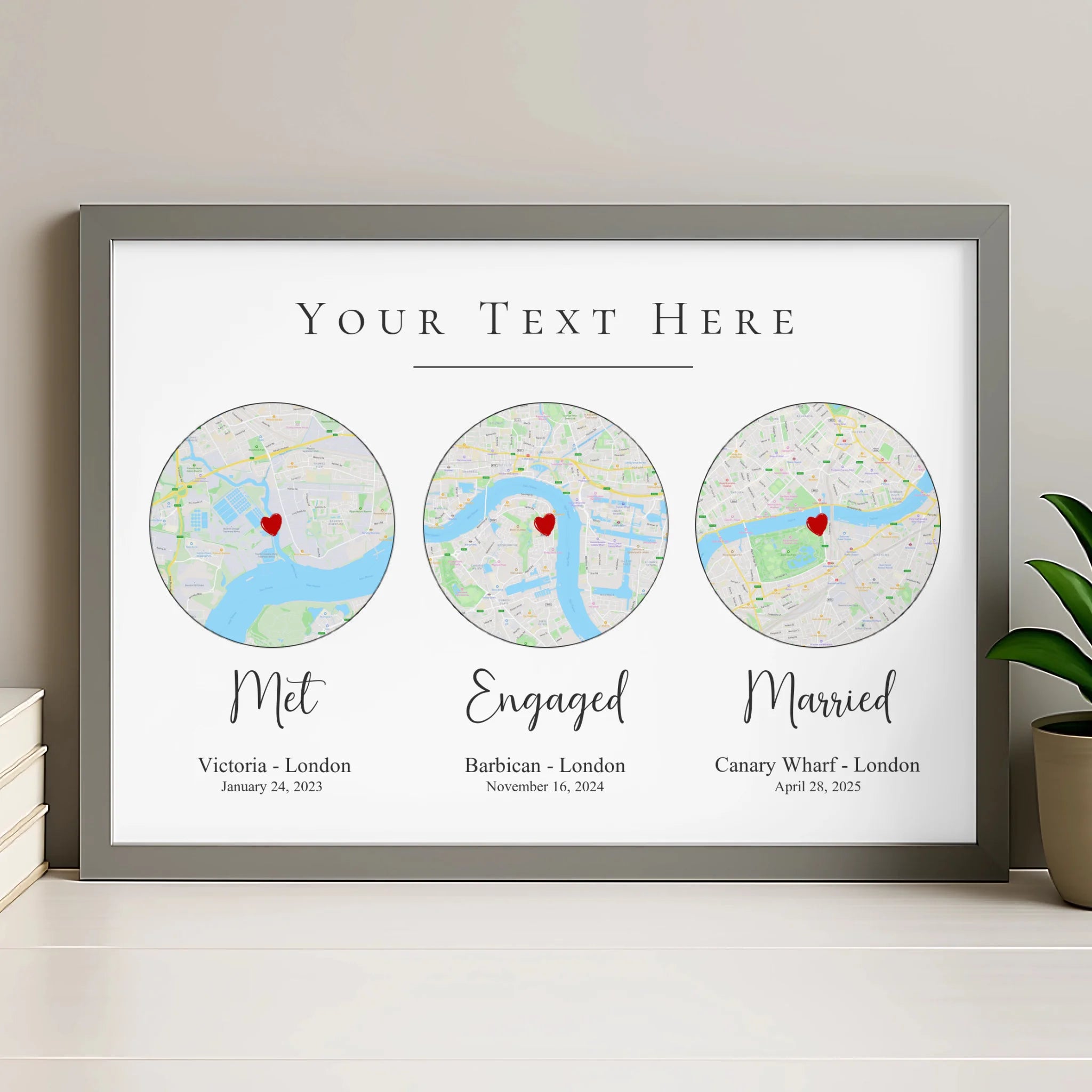 Our Story personalised map photo frame in grey finish with three map locations