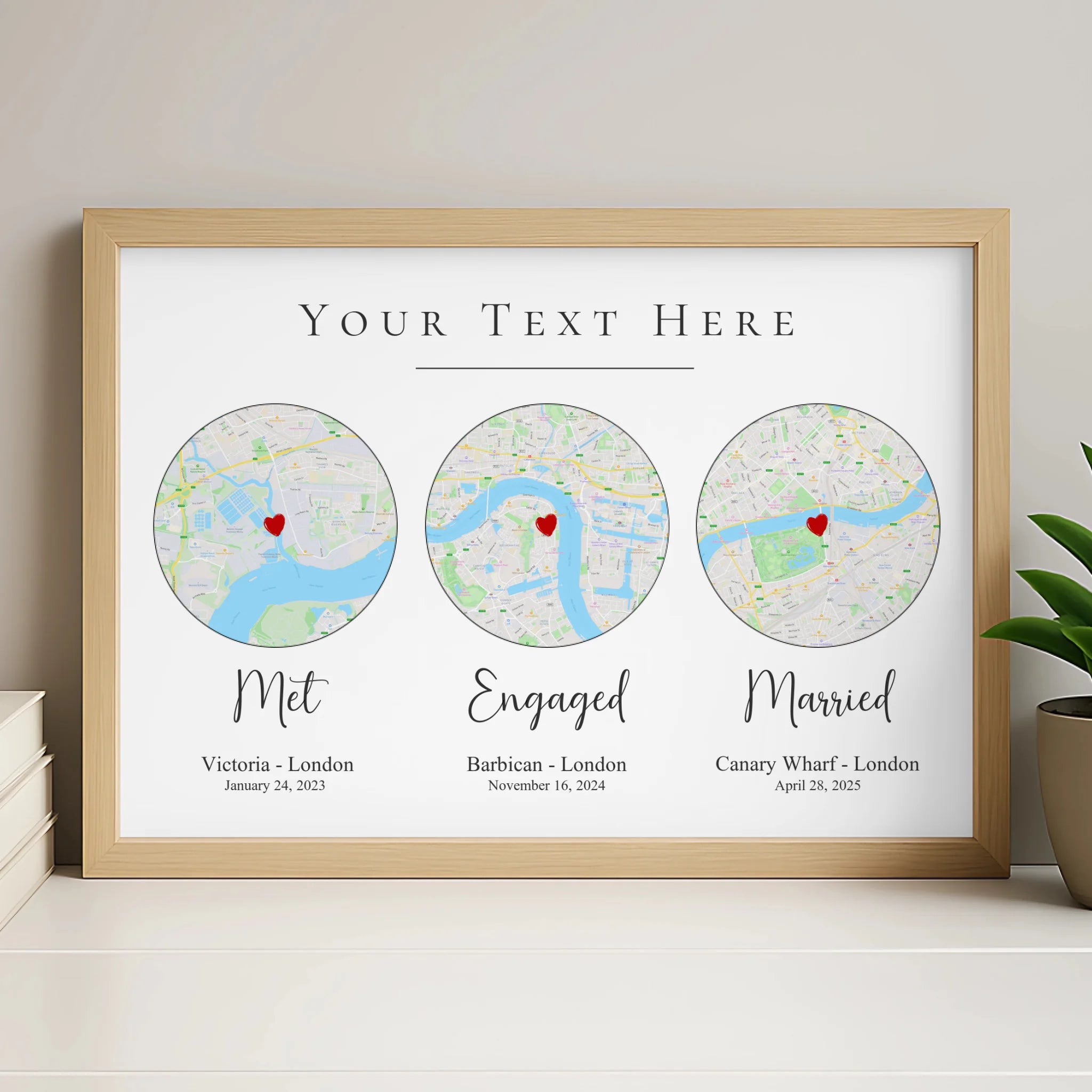 Our Story personalised map photo frame in white finish with custom coordinates