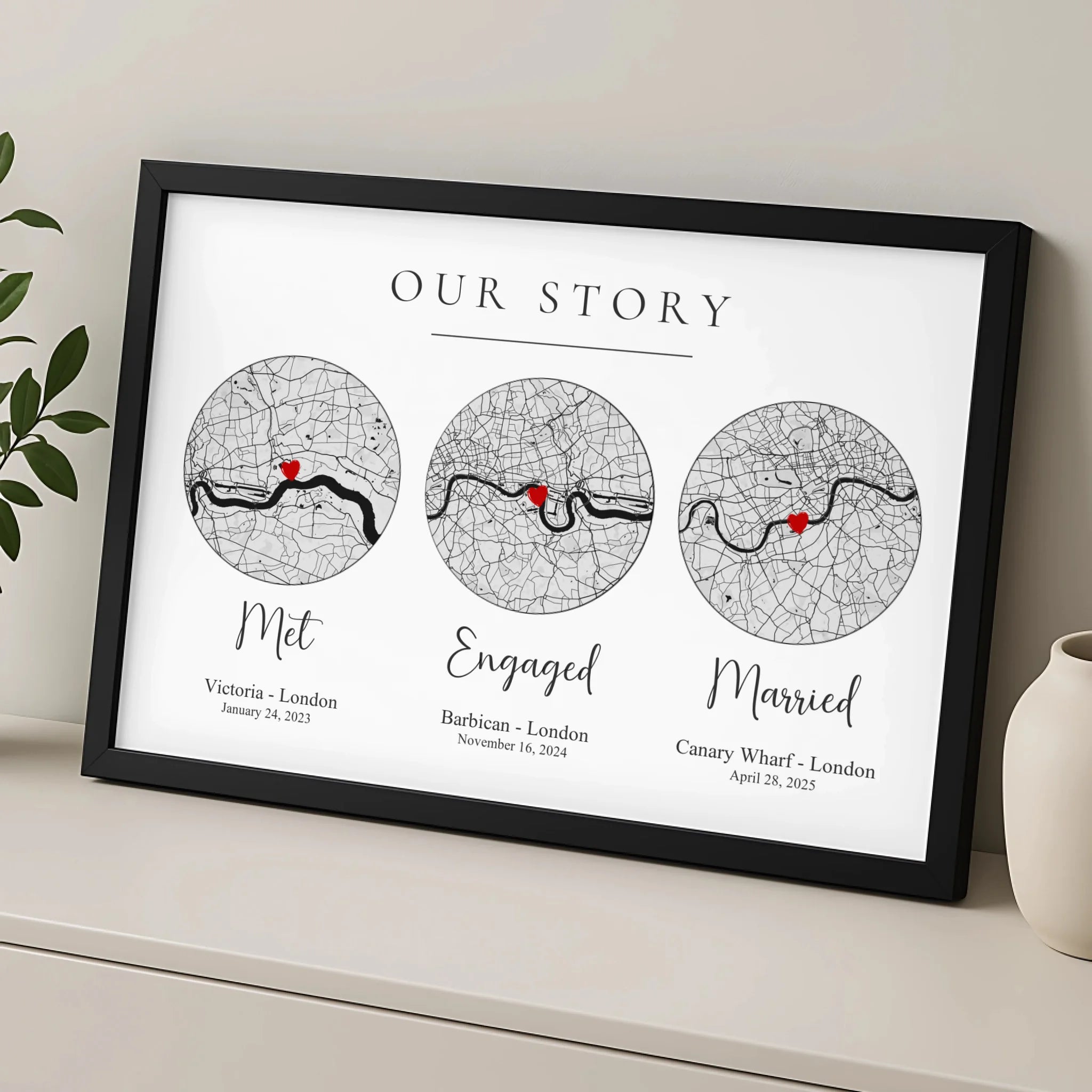 Our story map photo frame with personalised coordinates and couple dates