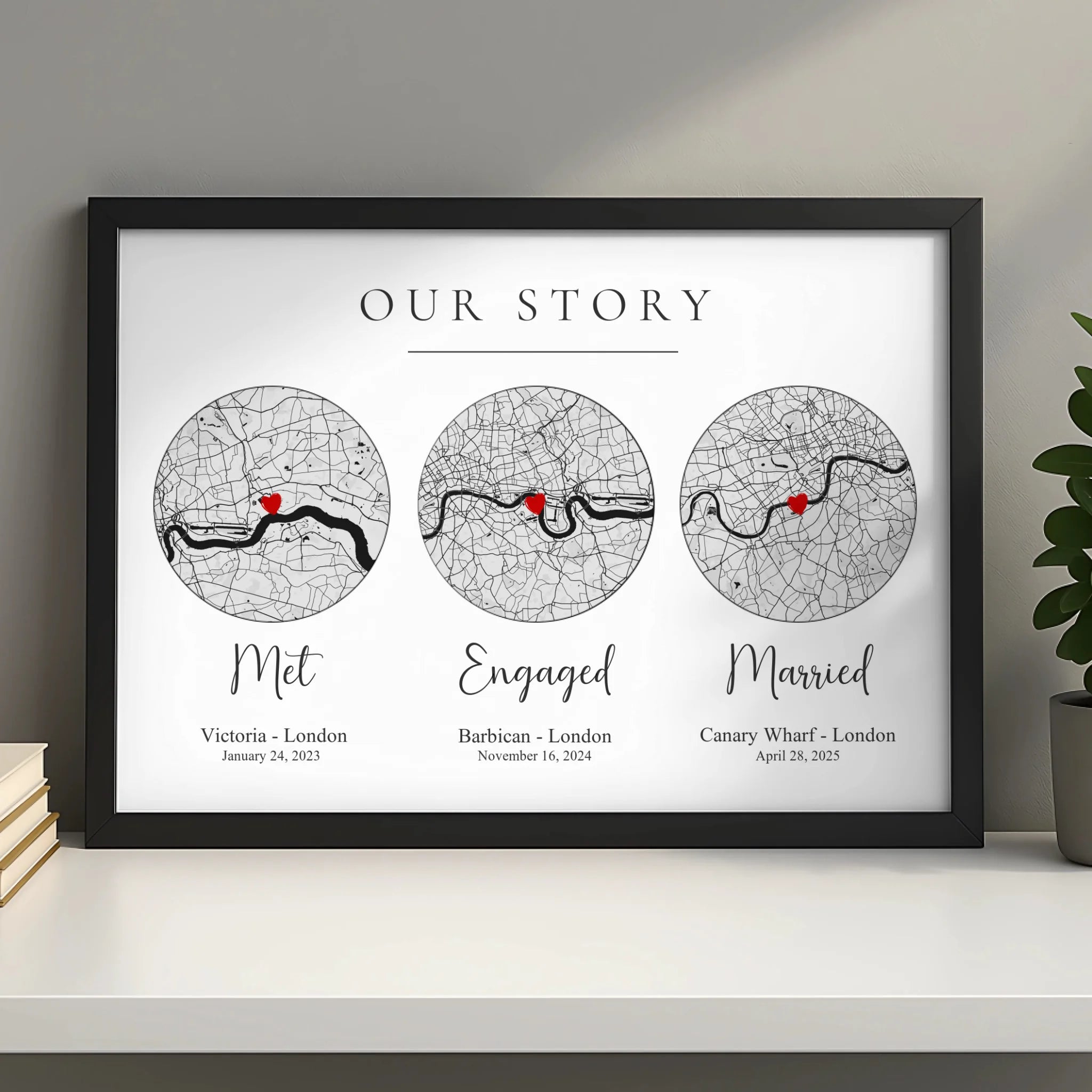 Personalised couple map print framed as a wedding or engagement gift