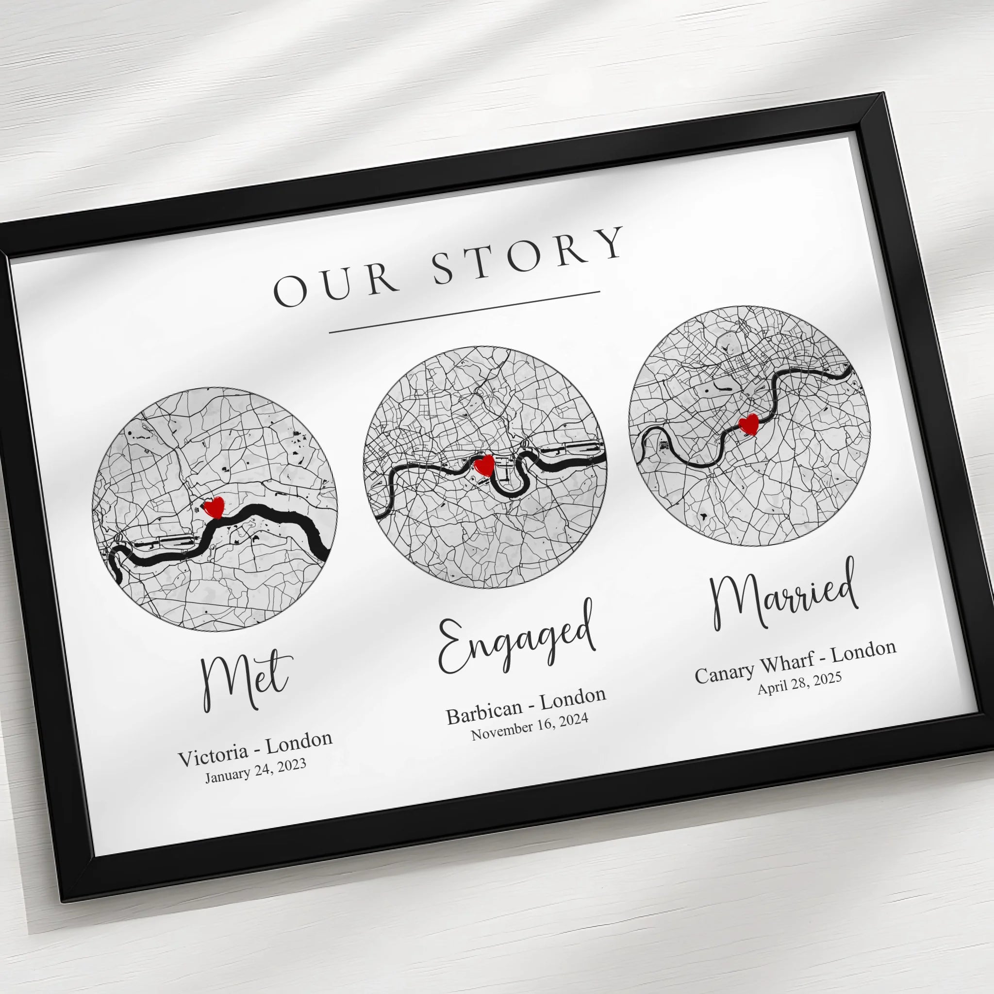 Custom our story map print with location pins and personalised text