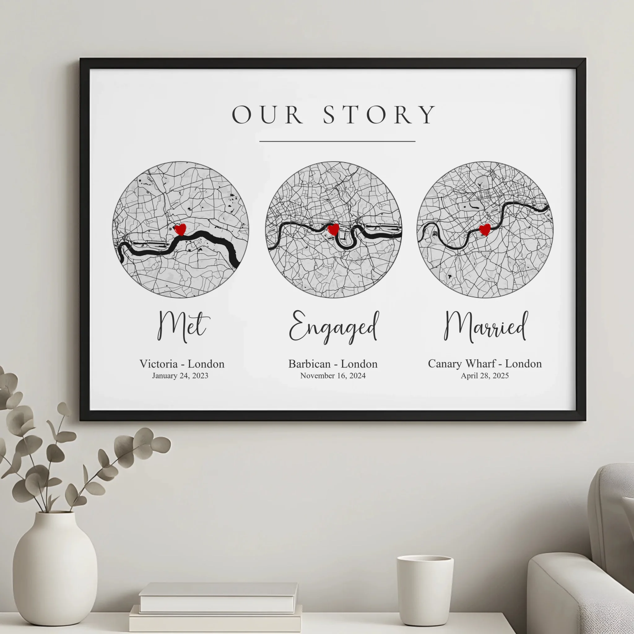 Personalised map timeline print for couples with dates and custom locations