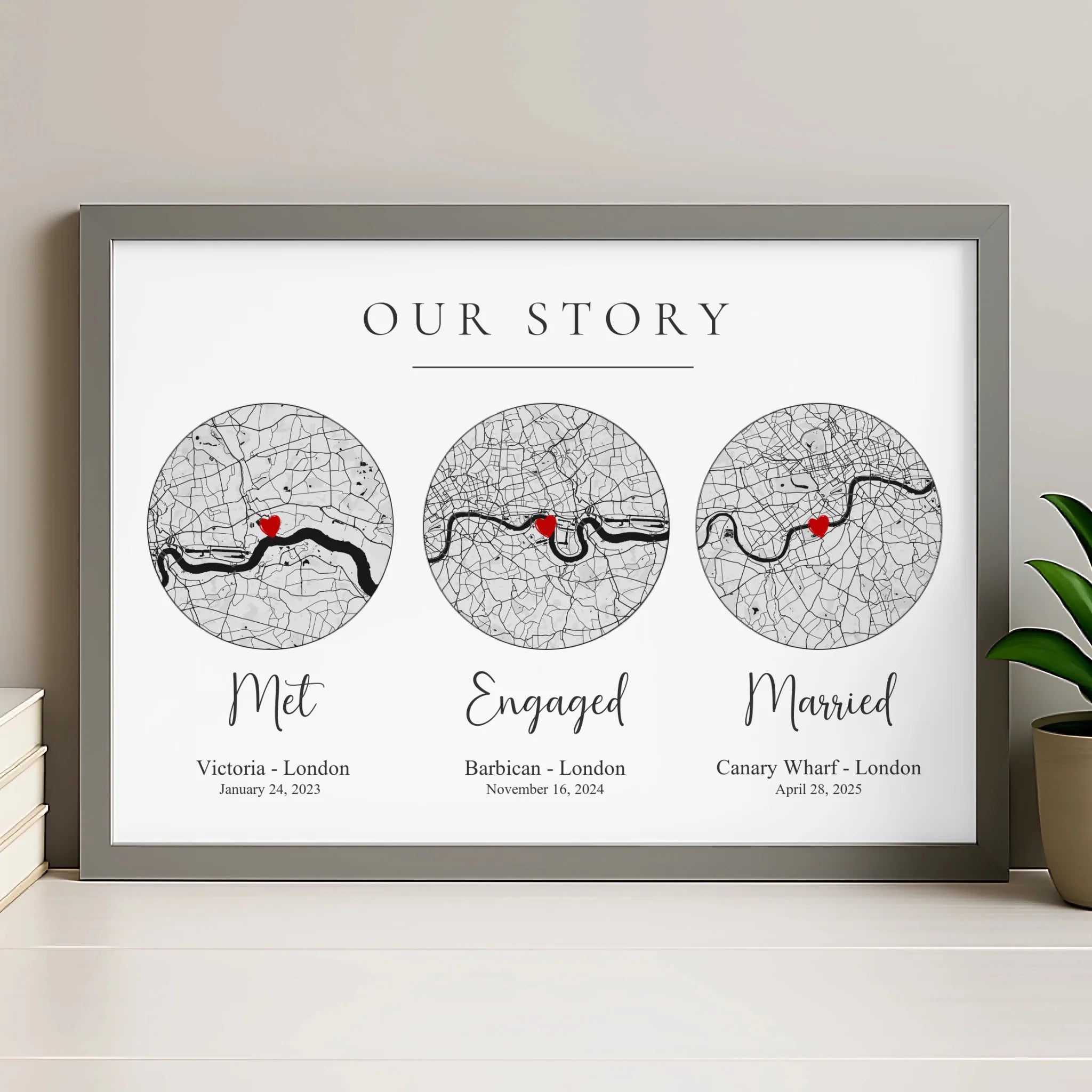 Our story map print in grey frame with personalised couple details