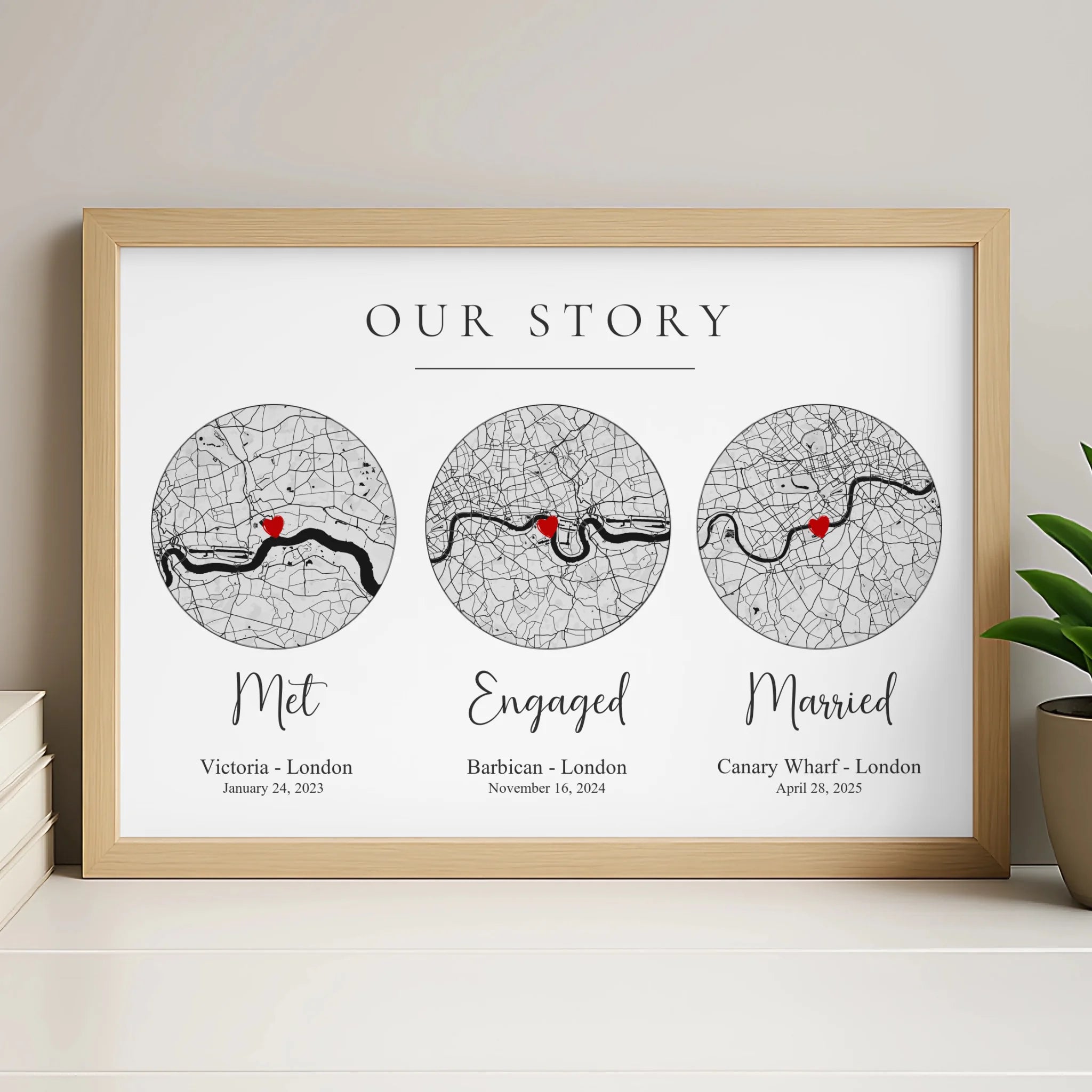 Our story map print in white frame with custom locations and dates