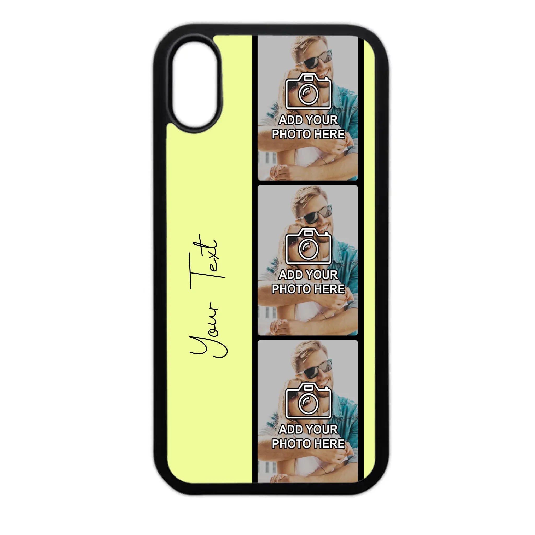Close-up of custom film reel phone case with personal photos