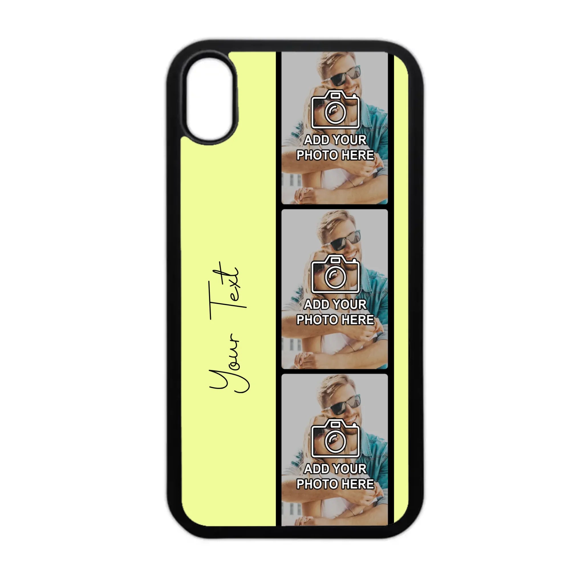 Personalised film reel phone case showing photo layout design