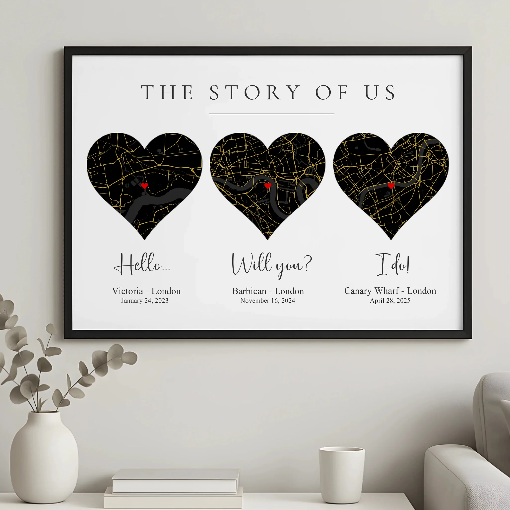 Framed personalised three location heart map print with timeline and coordinates