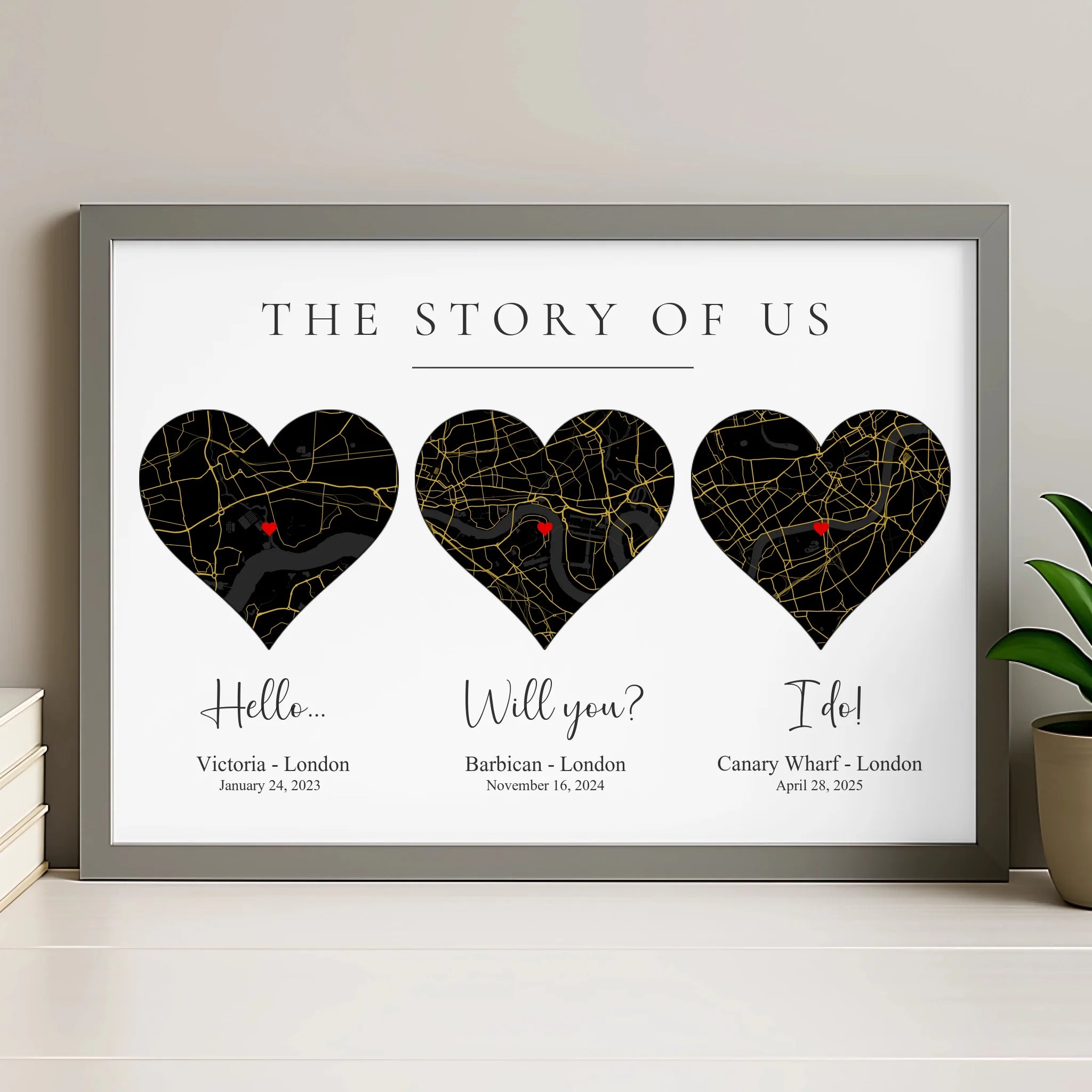 Personalised heart map print in grey frame with custom dates and three locations