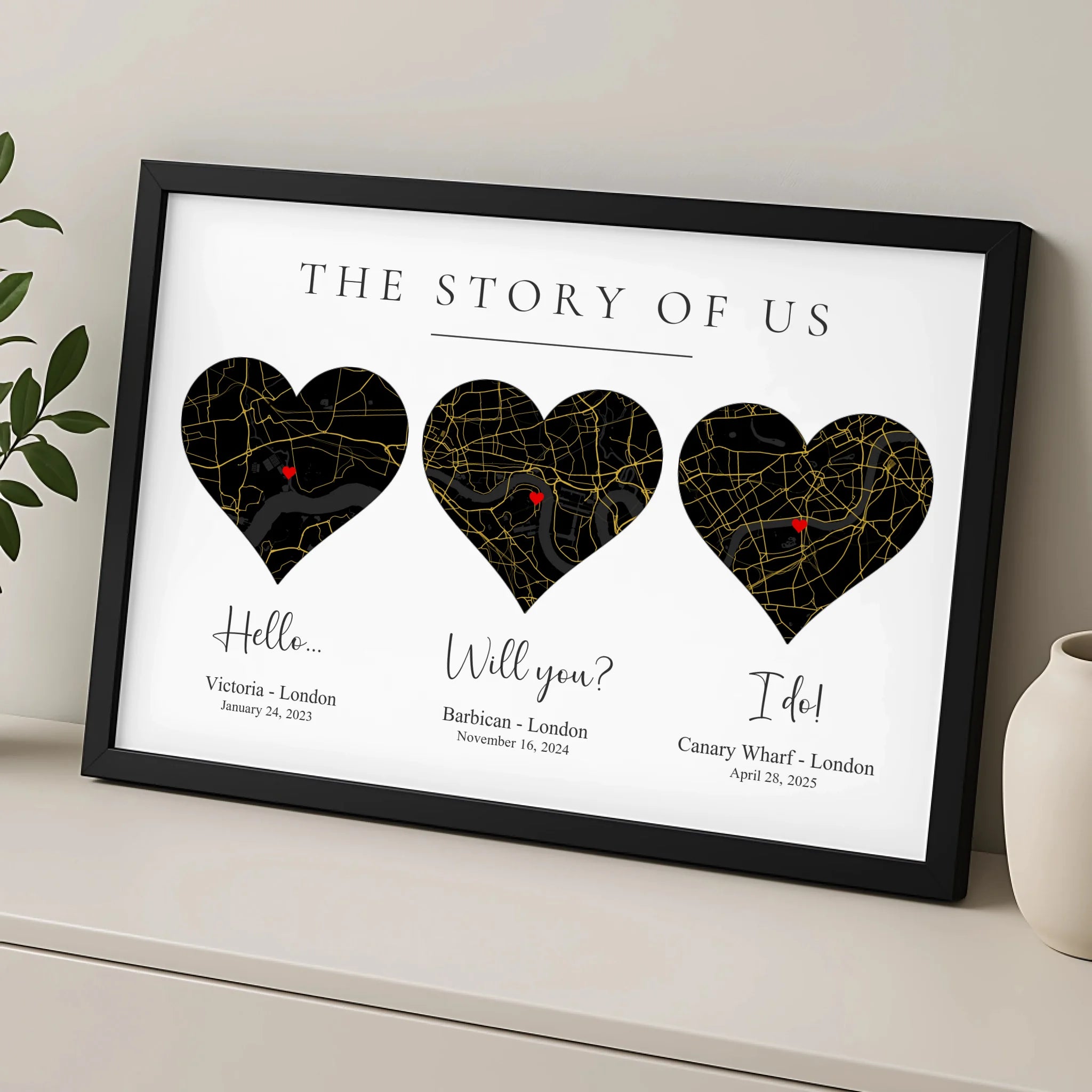 Personalised engagement or wedding anniversary map print with heart art and dates