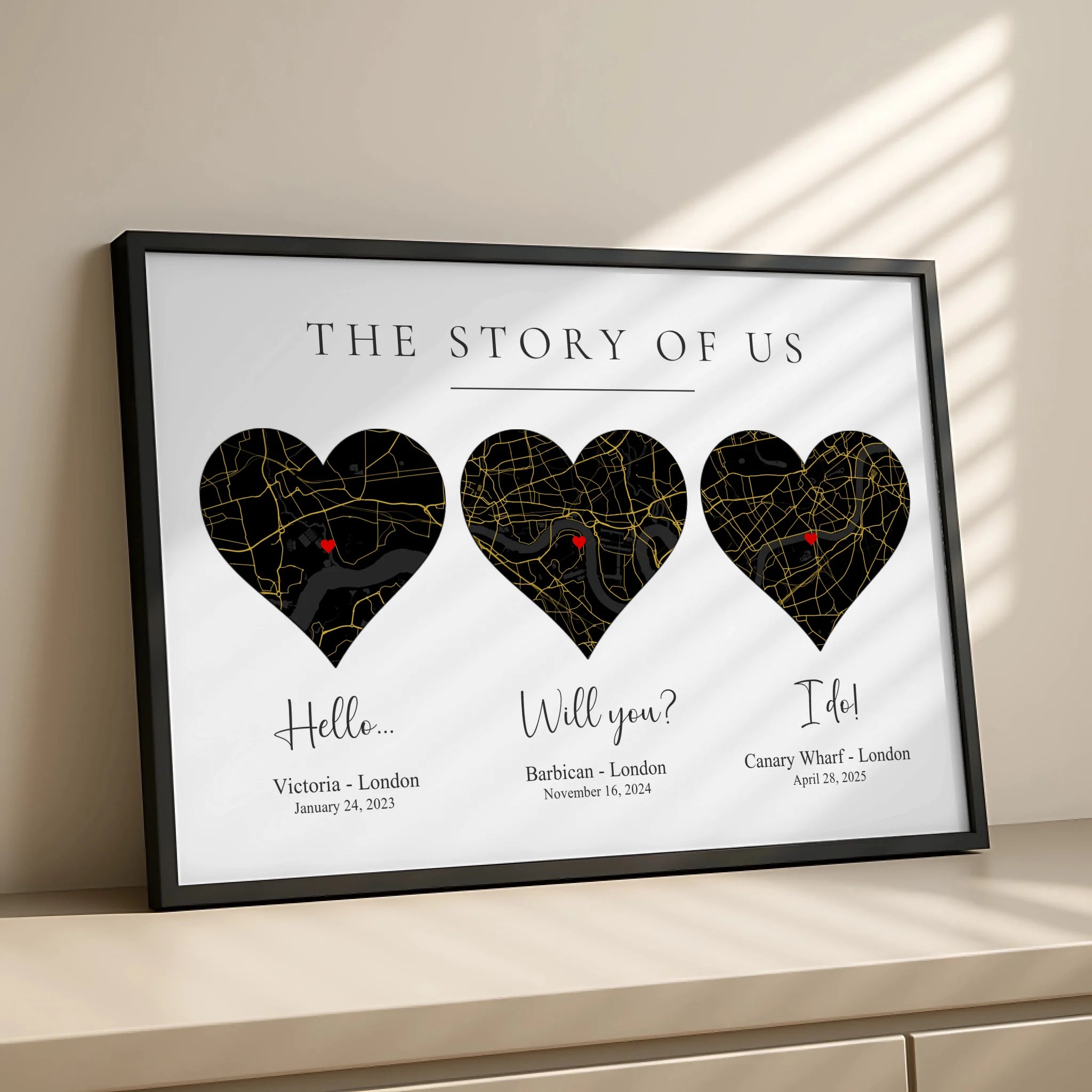 Three location love story map print with coordinates personalised for a couple