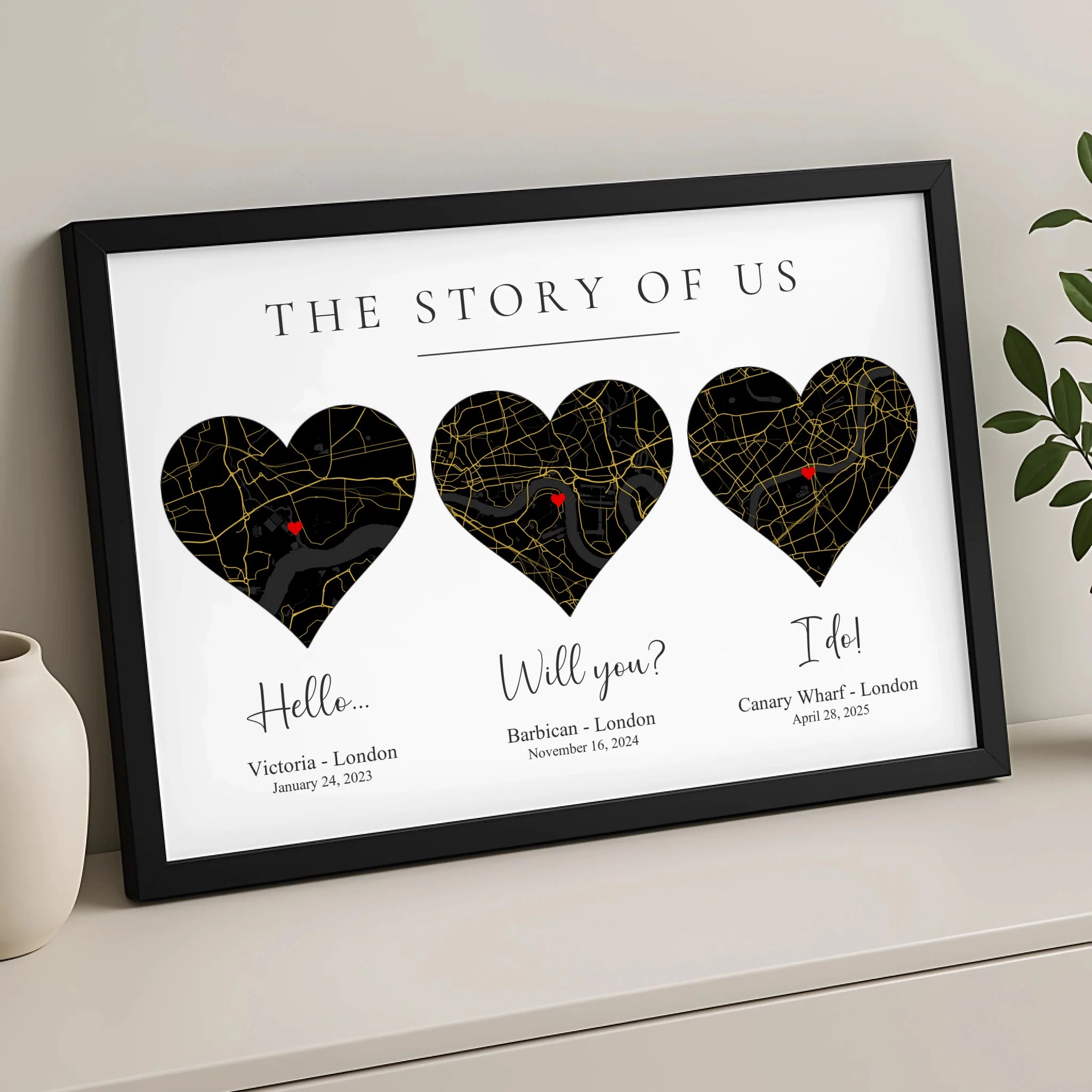 Close-up of personalised heart map print showing three locations and custom dates