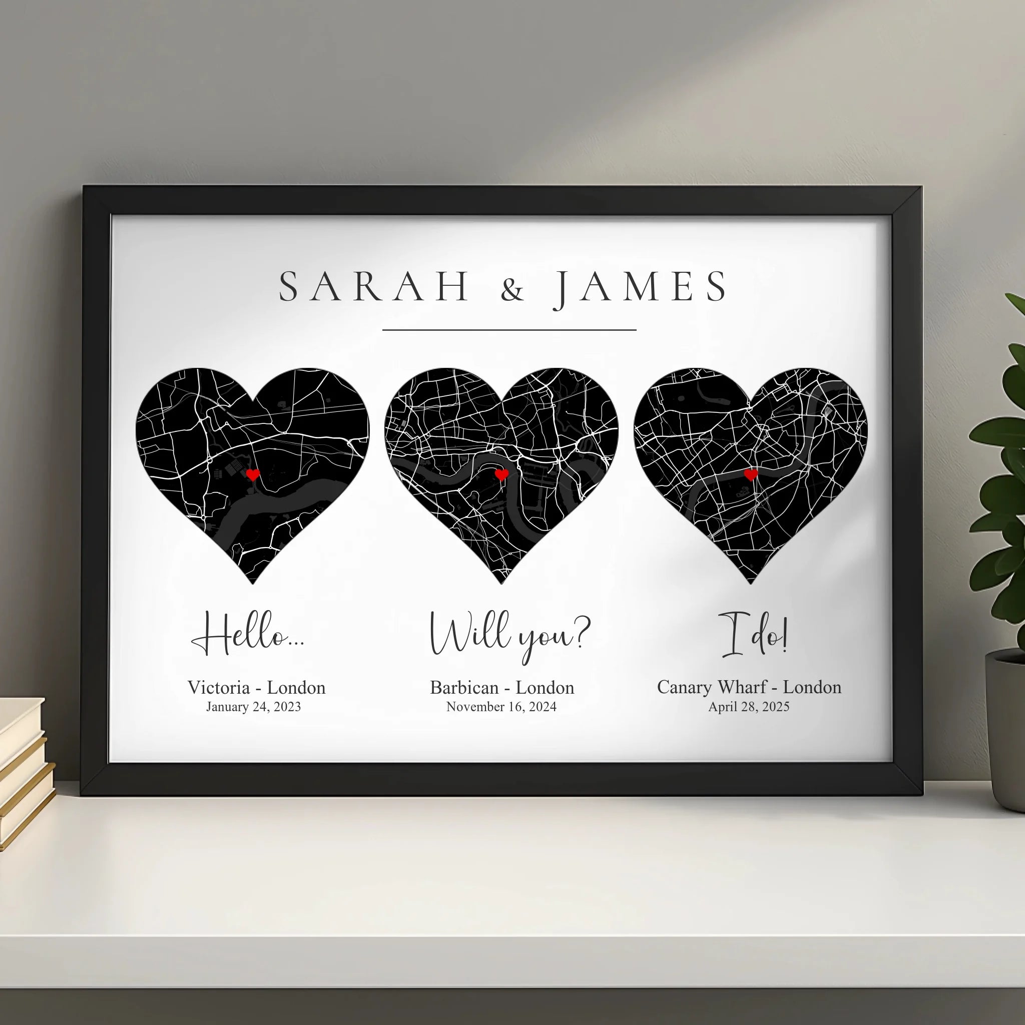 Personalised wedding day map print with heart design and location coordinates in a frame