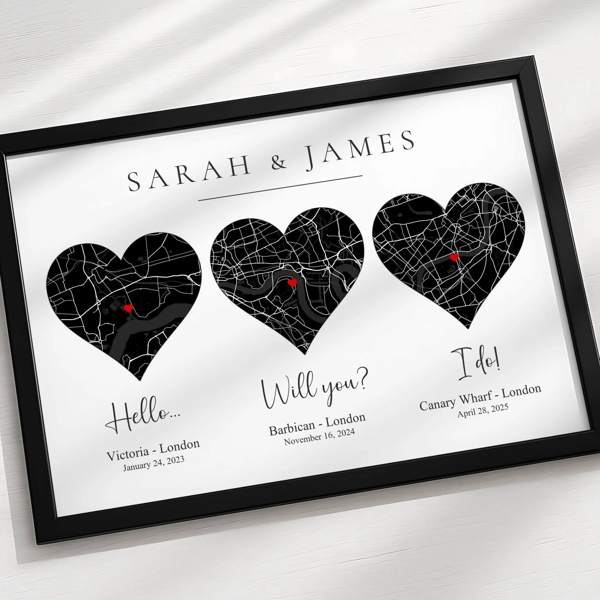 Custom anniversary map print for couples with personalised timeline and coordinates