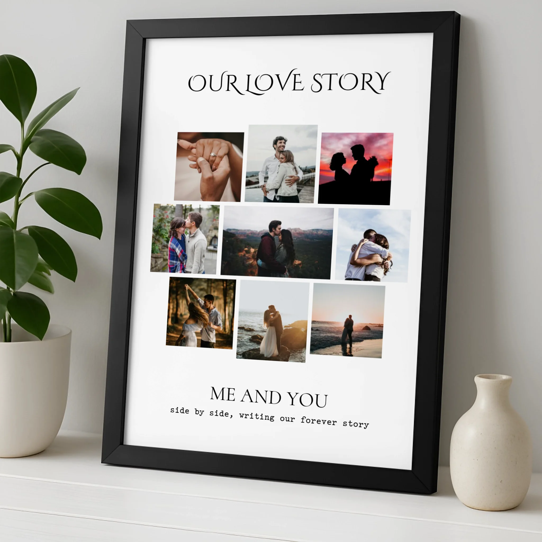 Personalised Love Story Photo Collage Print – 9 Photo Custom Framed Print with Names & Quote – A4/A3 Anniversary Gift for Couples
