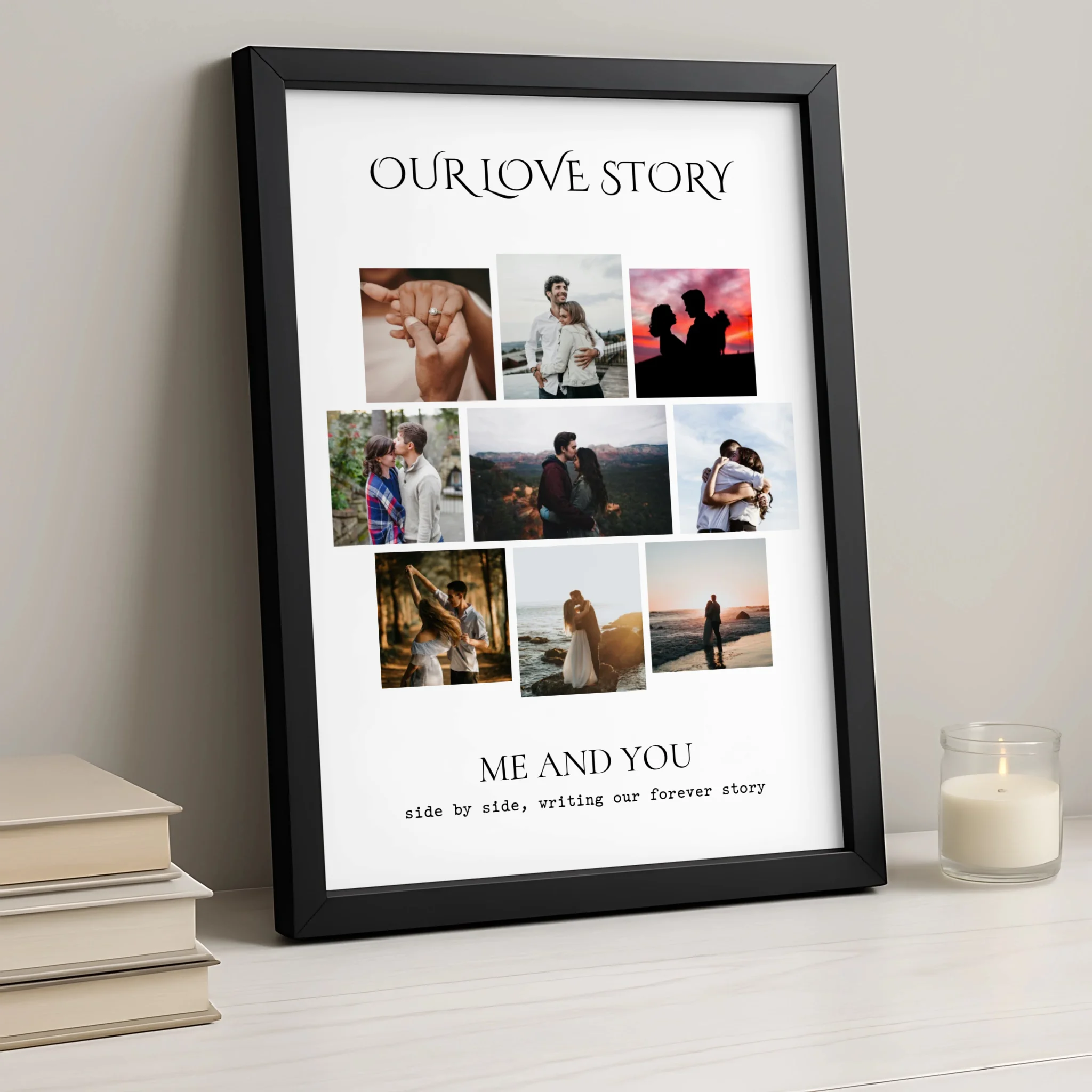 Personalised Love Story Photo Collage Print – 9 Photo Custom Framed Print with Names & Quote – A4/A3 Anniversary Gift for Couples