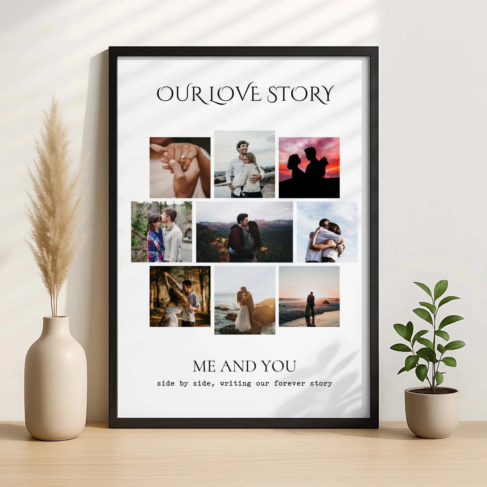 Close-up of personalised love story collage print showing photo layout